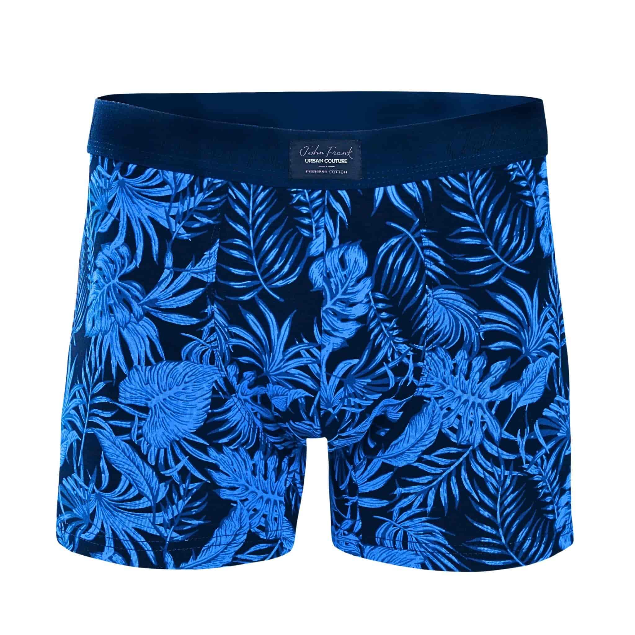 Front view of men’s 95% cotton boxer brief in navy with bright blue palm print, no-roll waistband, and soft stretch