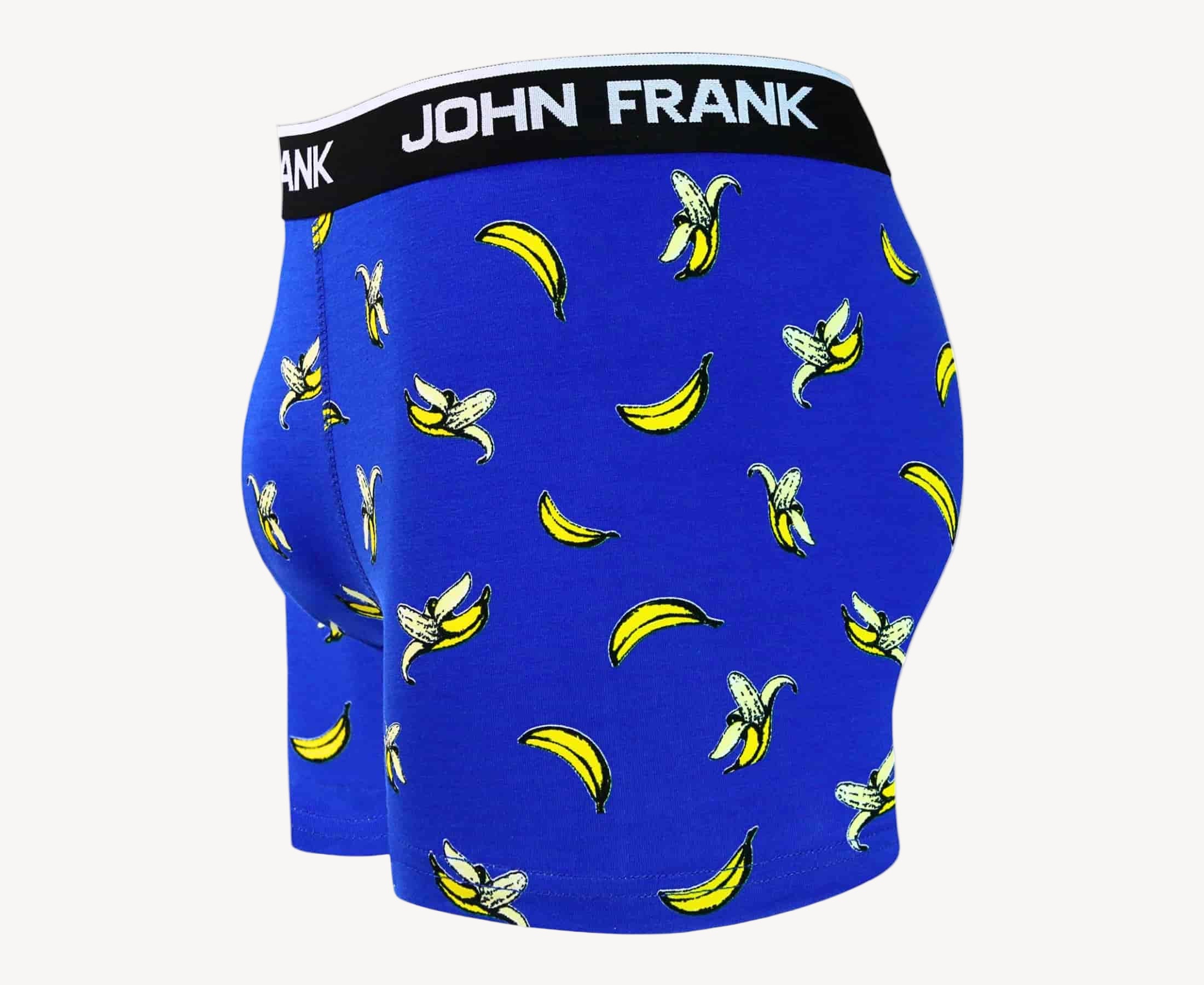 Side view of men’s 95% cotton boxer brief in sapphire blue with banana print, contoured pouch, and tailored leg cut