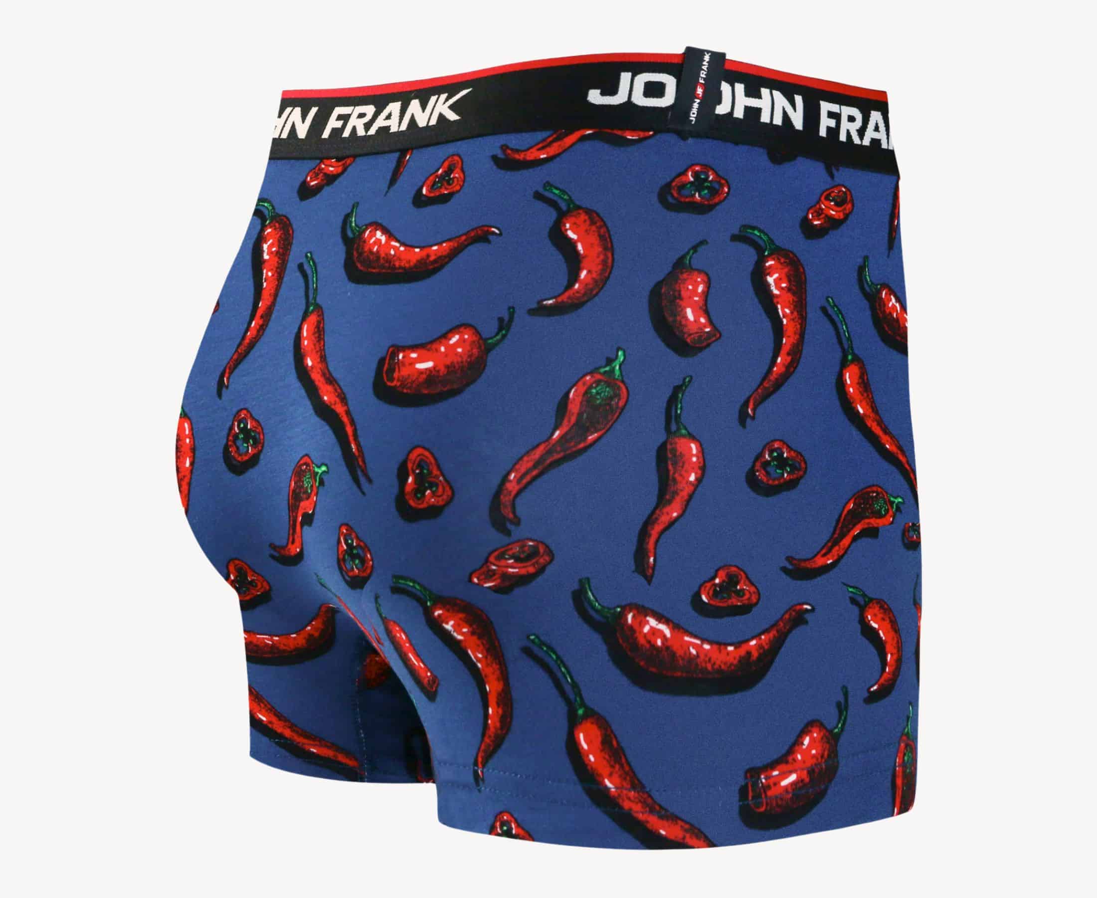 Back view of men’s 95% cotton boxer brief in blue with chili pepper print, smooth waistband, and rear detail