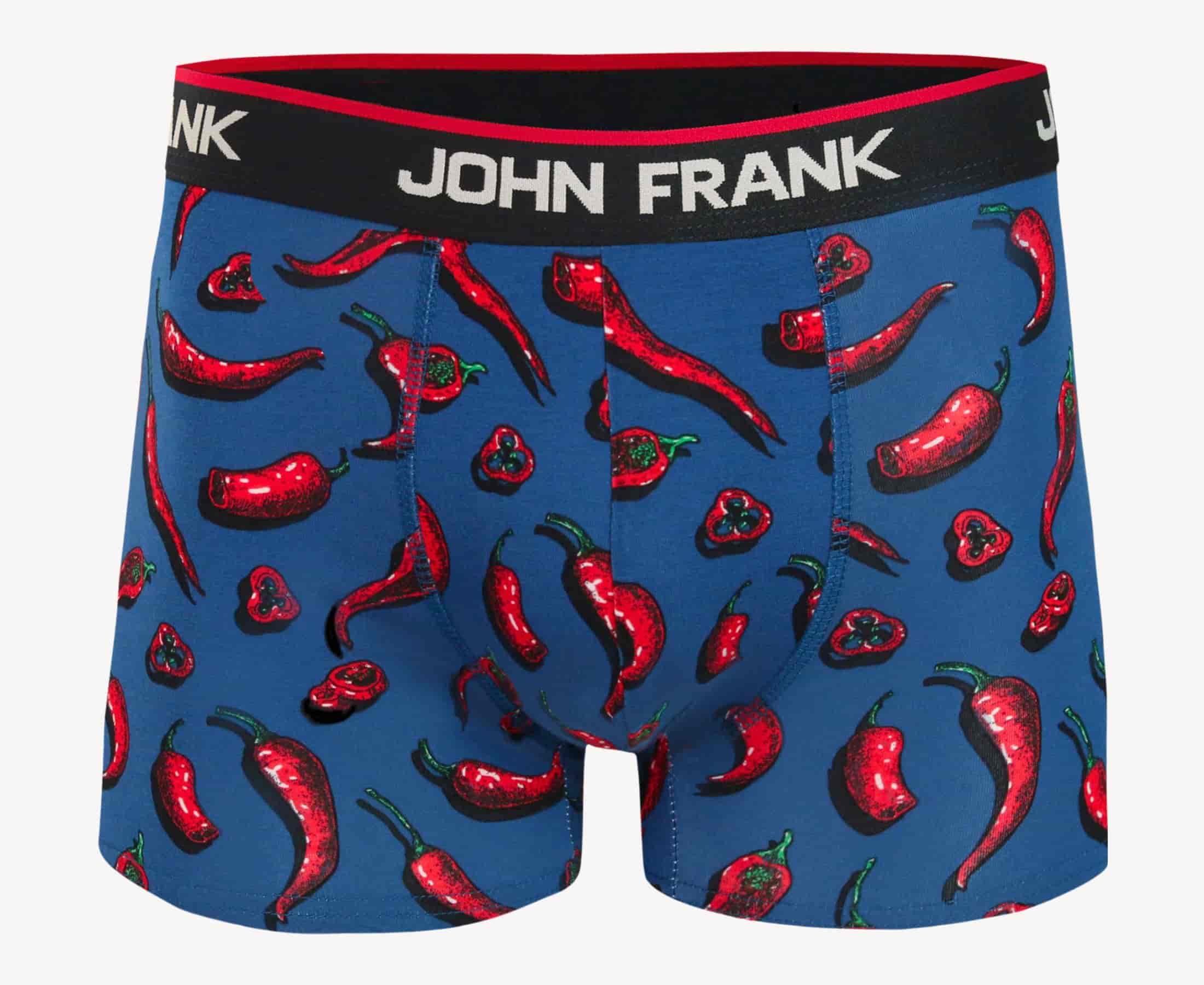 Front view of men’s 95% cotton boxer brief in blue with chili pepper print, smooth waistband, and soft stretch fit