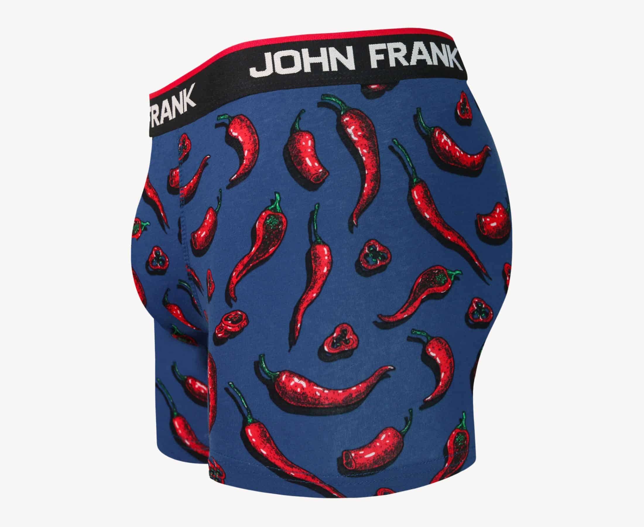 Side view of men’s 95% cotton boxer brief in blue with chili pepper print, contoured pouch, and tailored leg cut