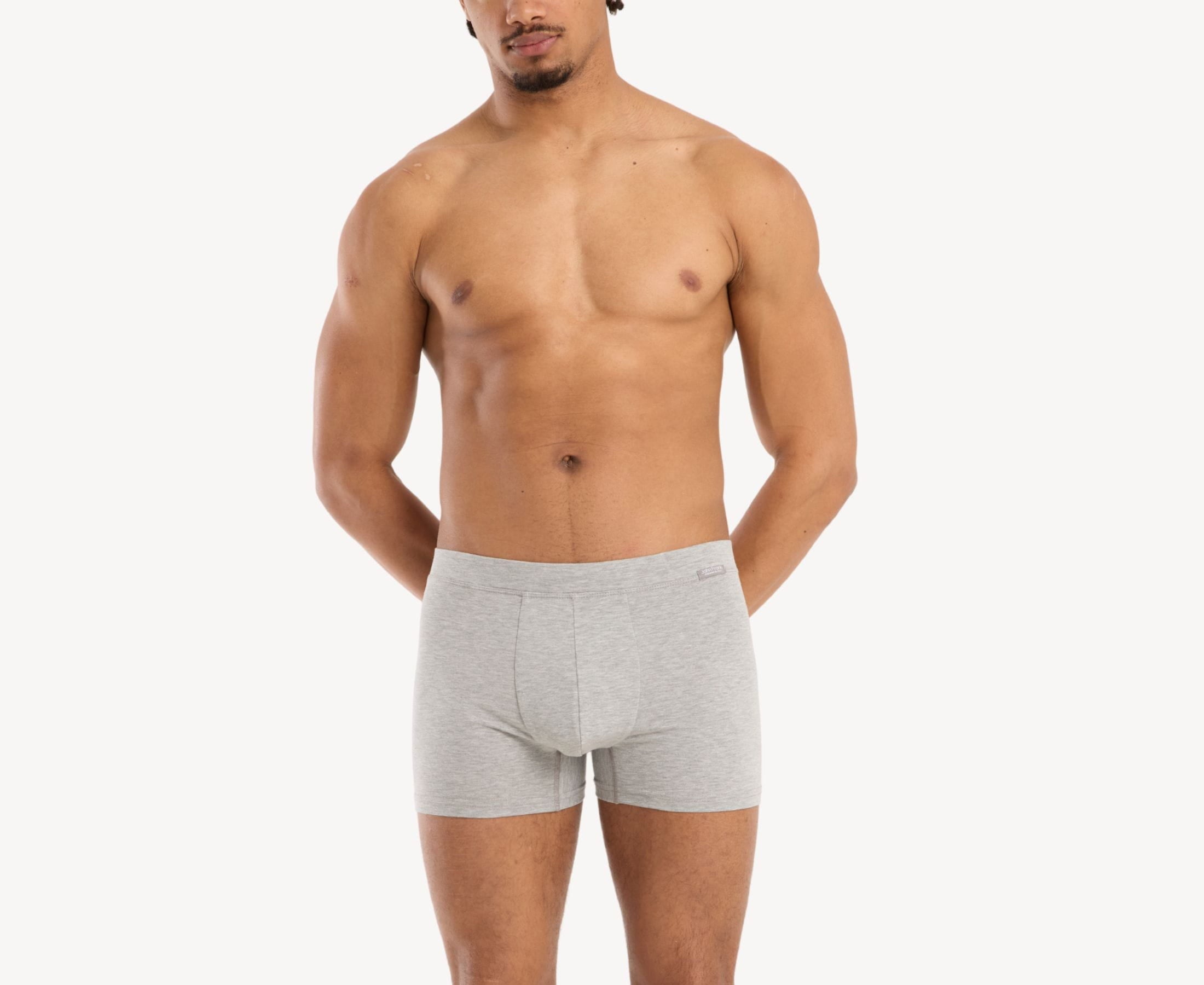 Front view of model wearing men’s 95% cotton boxer brief in stone gray with fabric-covered waistband, invisible seams and soft stretch