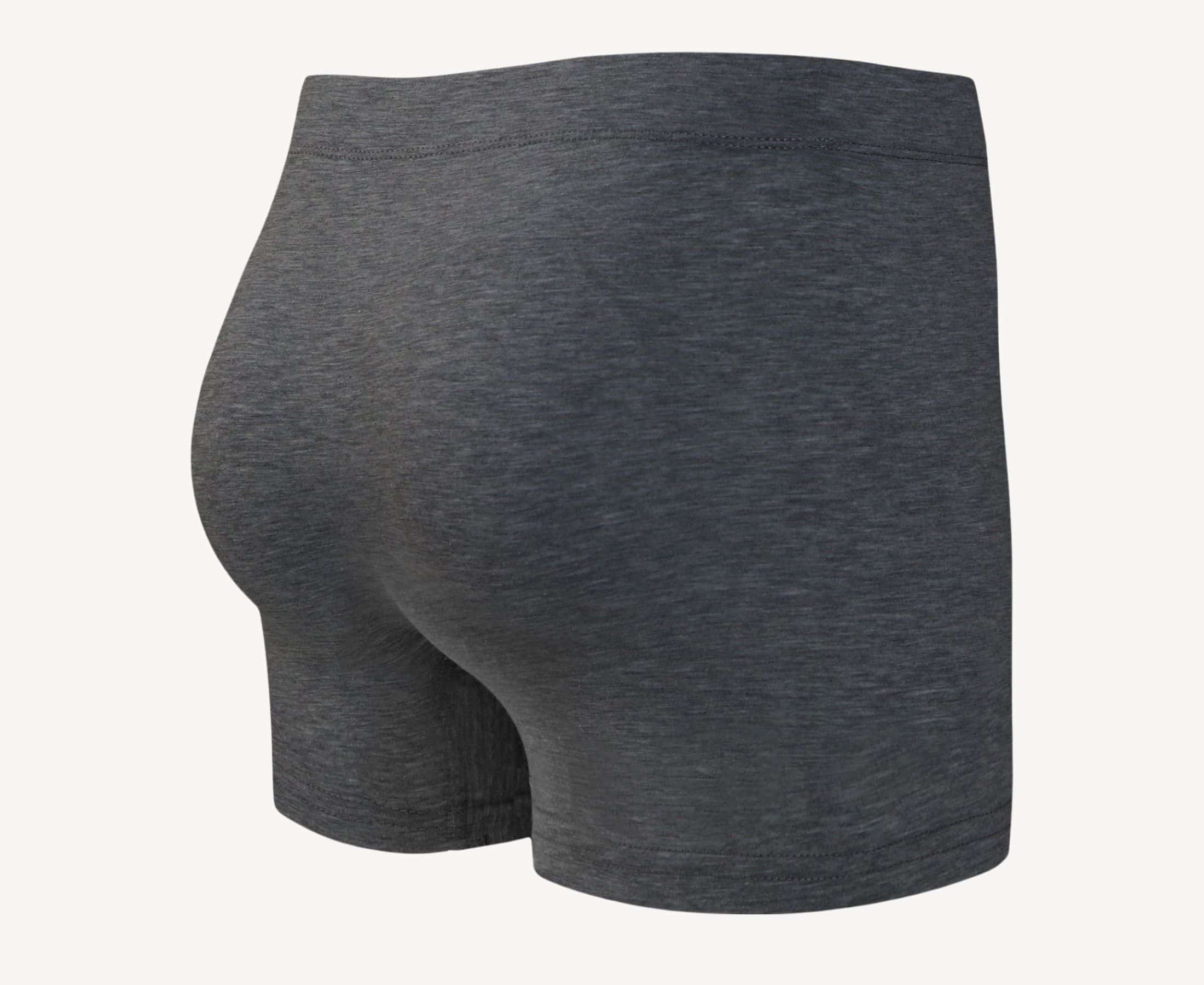 Back view of men’s 95% cotton boxer brief in slate gray with fabric-covered waistband and rear detail