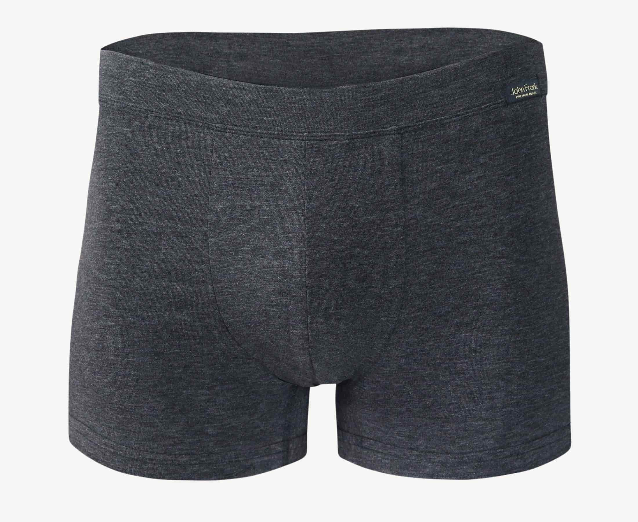 Front view of men’s 95% cotton boxer brief in slate gray with fabric-covered waistband, invisible seams and soft stretch
