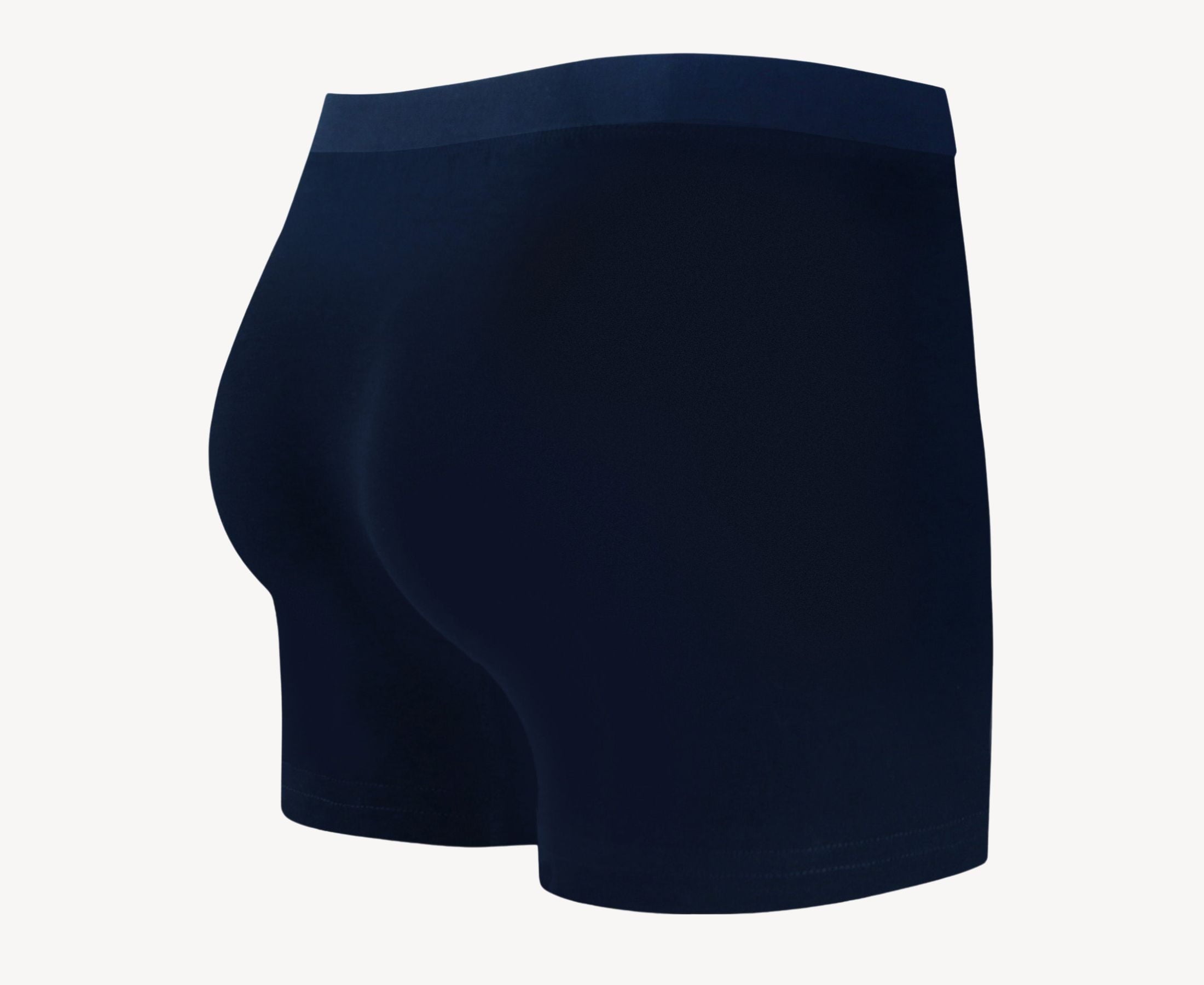 Back view of men’s 95% cotton boxer brief in navy with fabric-covered waistband and rear detail