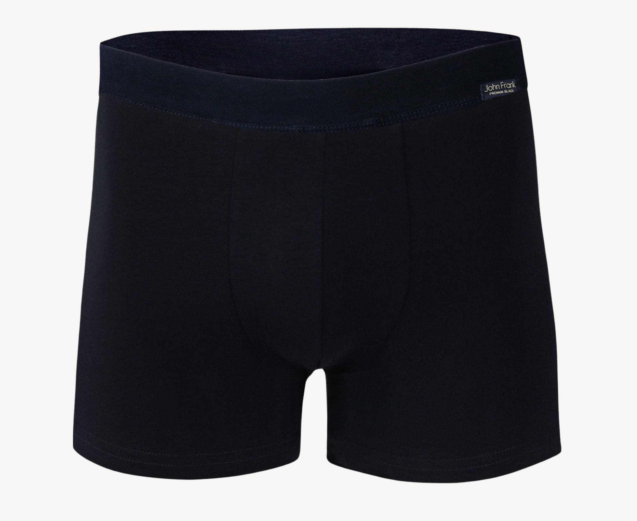 Front view of men’s 95% cotton boxer brief in pitch black with fabric-covered waistband, invisible seams and soft stretch