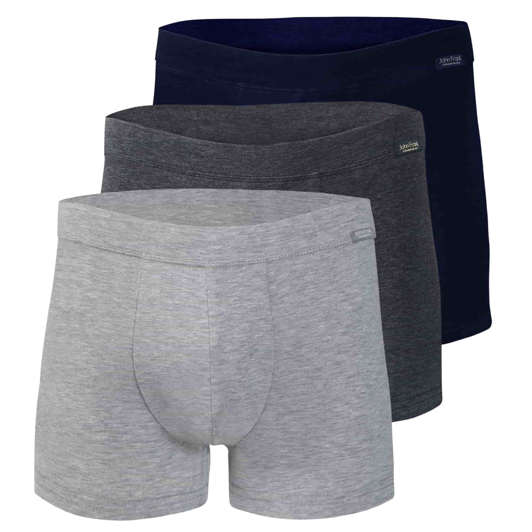 Full pack view of men’s 95% cotton boxer brief 3-pack — one stone gray, one slate gray and one navy, all with fabric-covered waistbands