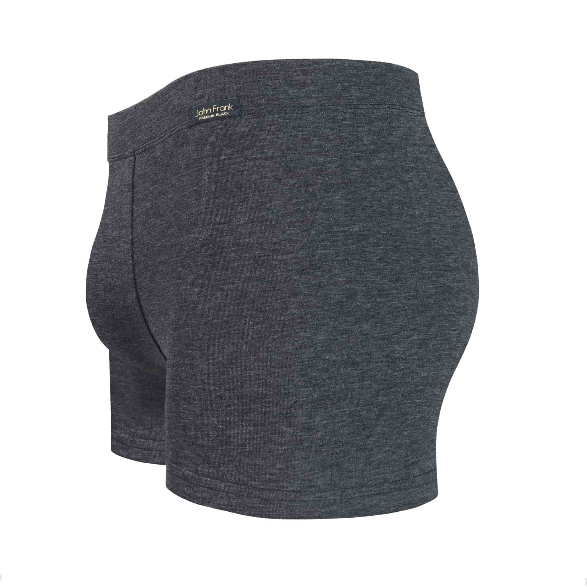 Side view of men’s 95% cotton boxer brief in slate gray with fabric-covered waistband, contoured pouch, and tailored leg cut