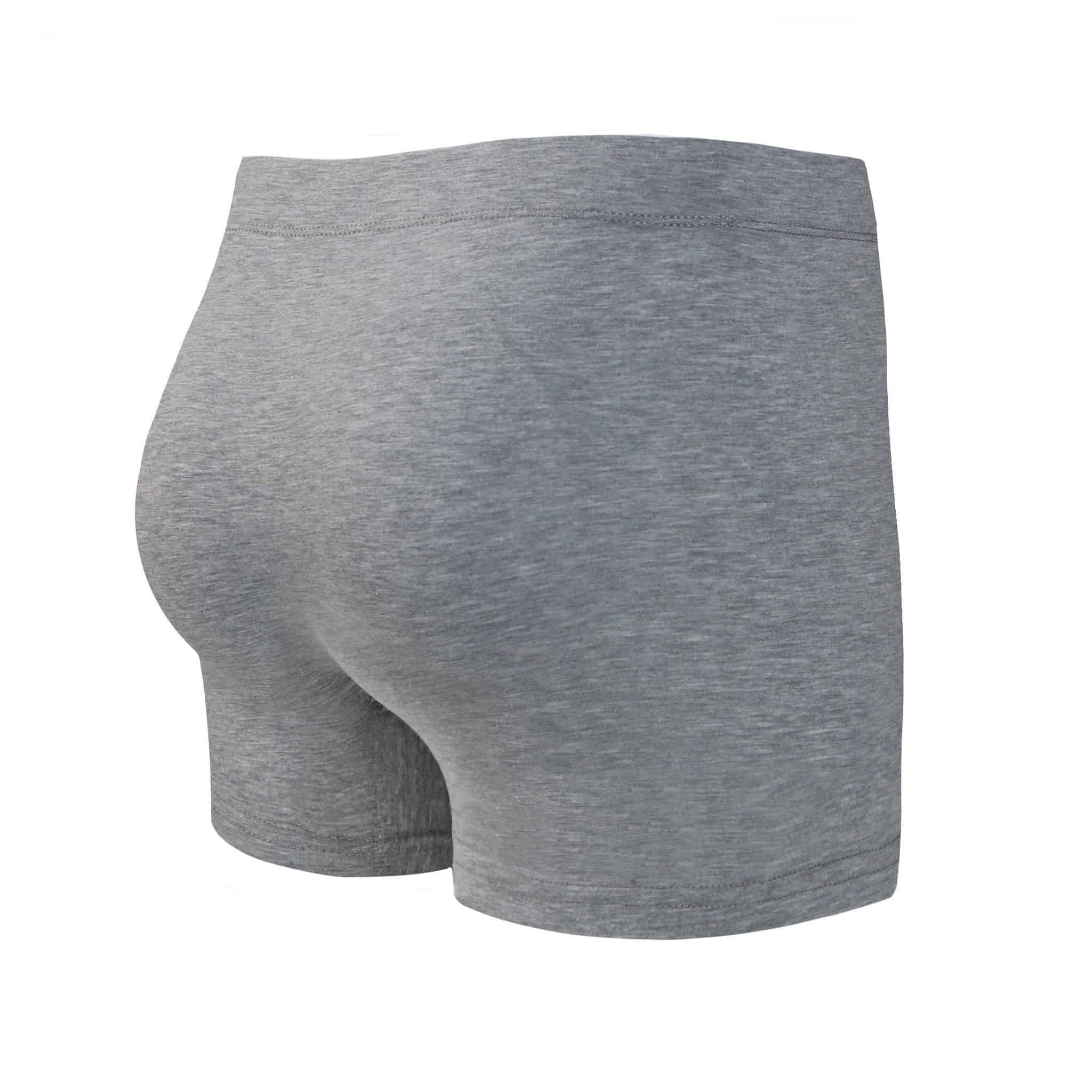 Back view of men’s 95% cotton boxer brief in stone gray with fabric-covered waistband and rear detail