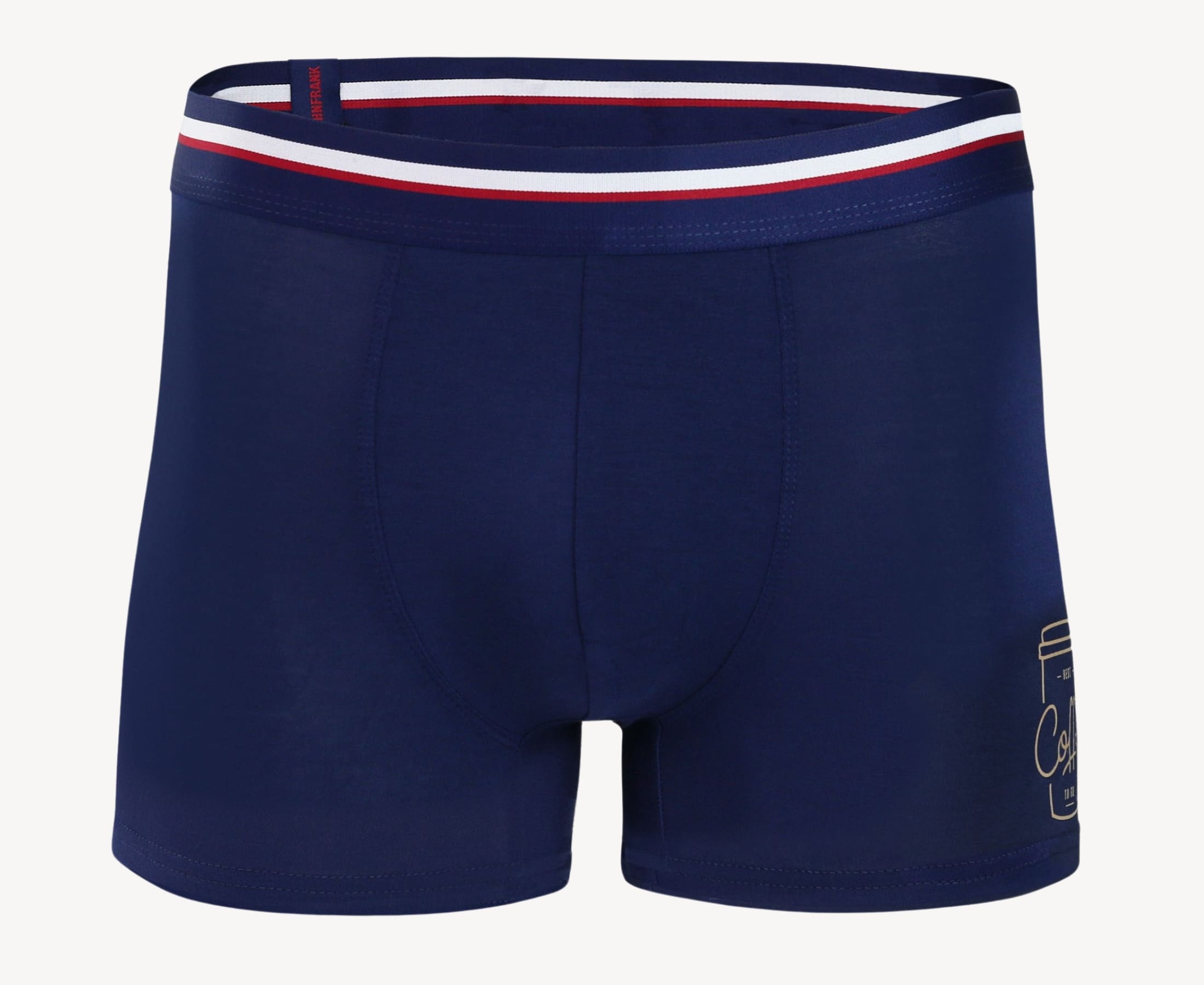 Front view of men’s 95% micromodal boxer brief in navy with coffee cup print and striped navy waistband, soft stretch and smooth finish