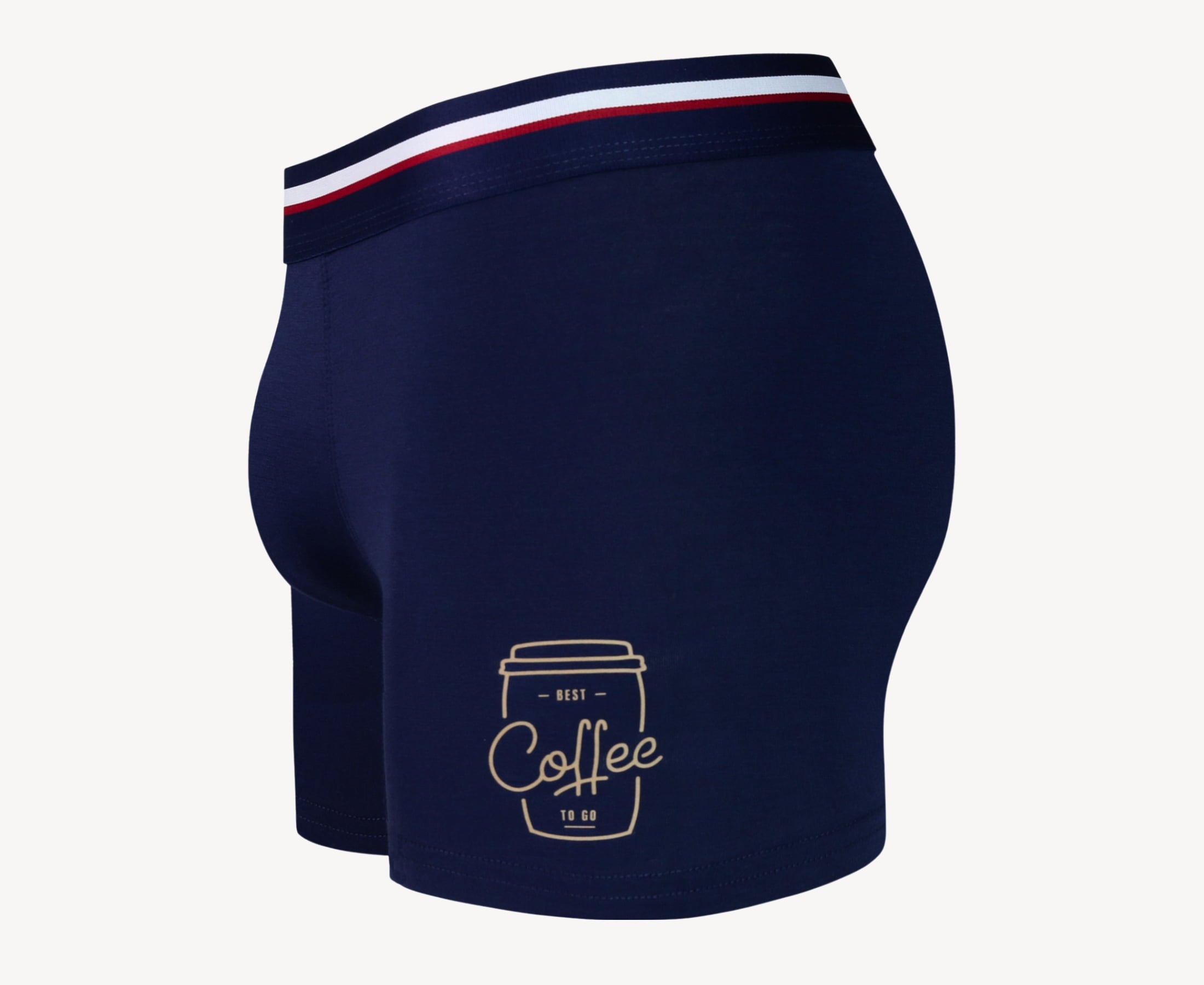 Side view of men’s 95% micromodal boxer brief in navy with coffee cup print, contoured pouch, and tailored leg cut