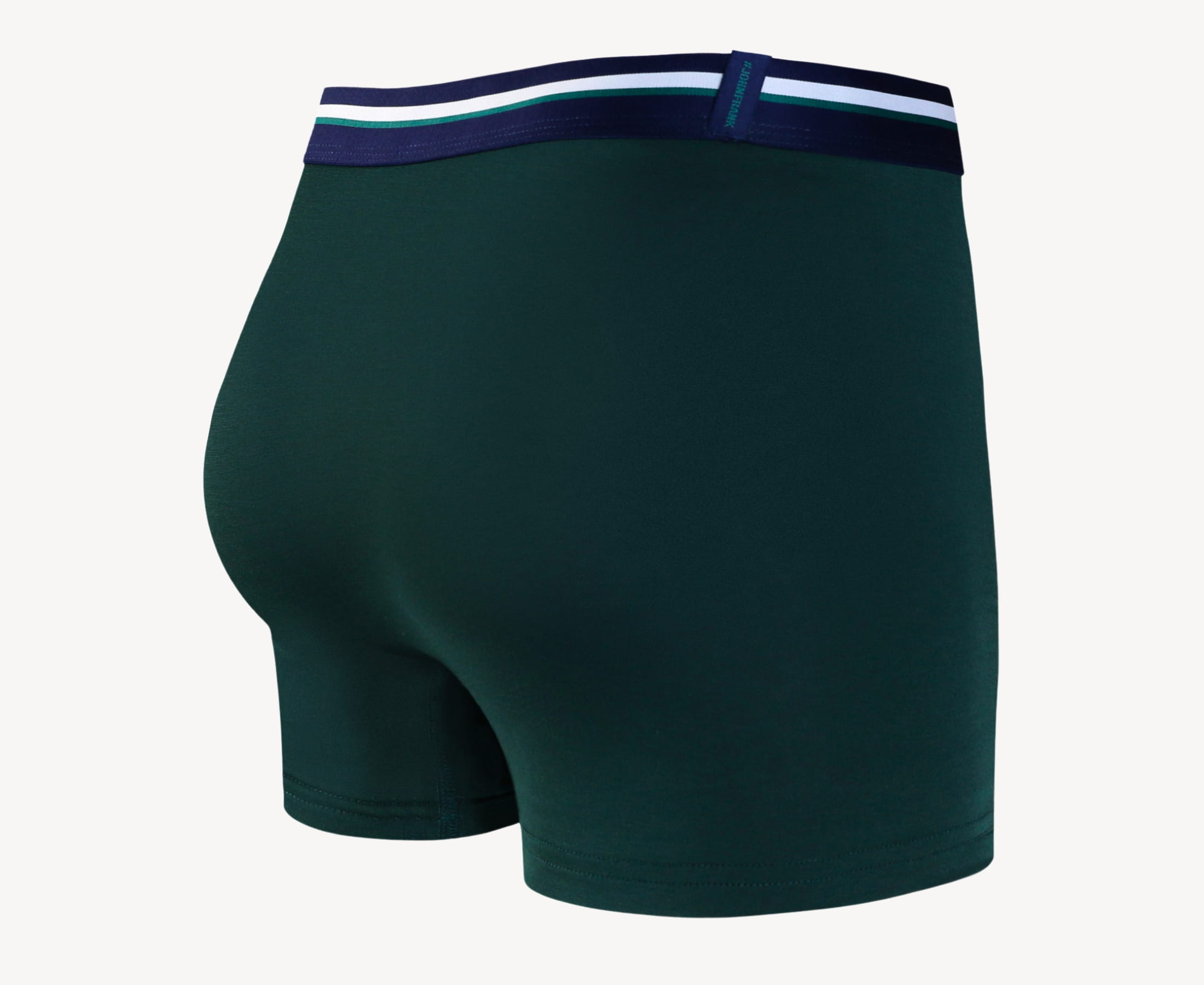 Back view of men’s 95% micromodal boxer brief in emerald green with striped navy waistband and rear detail