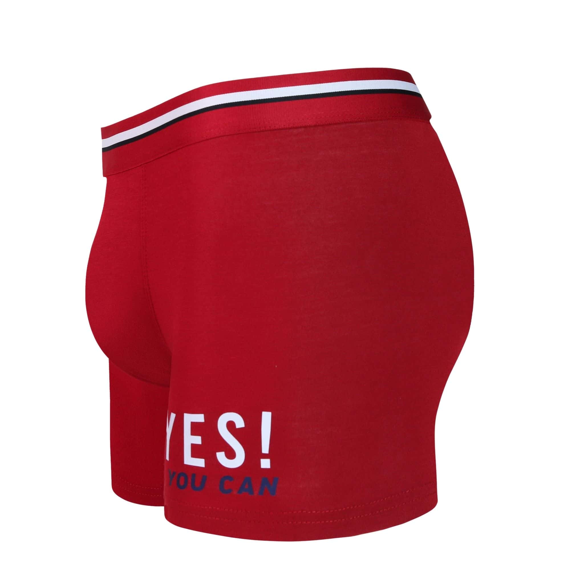 Side view of men’s 95% micromodal boxer brief in berry red with "Yes You Can" print, contoured pouch, and tailored leg cut
