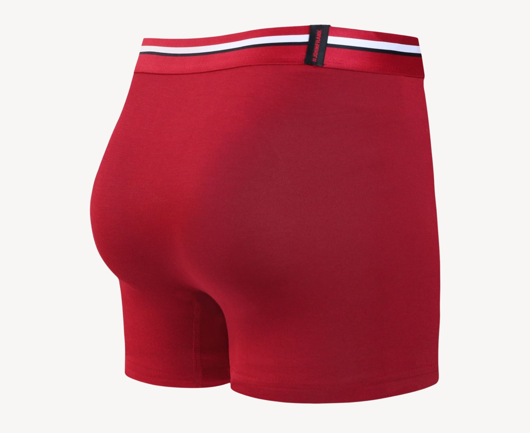 Back view of men’s 95% micromodal boxer brief in berry red with striped waistband and rear detail