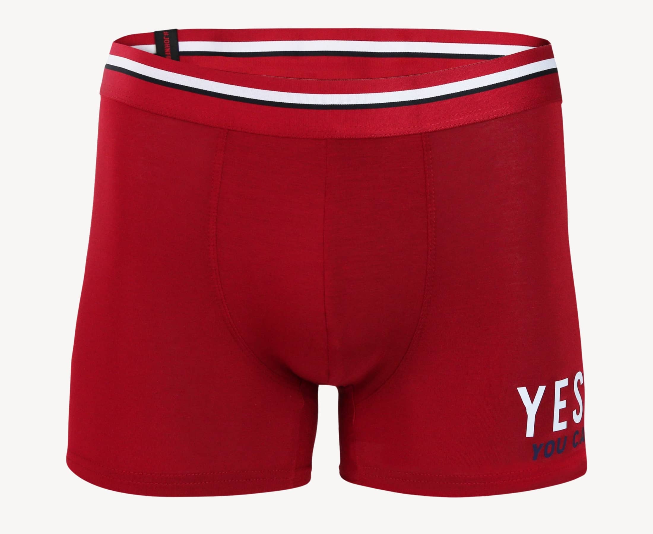 Front view of men’s 95% micromodal boxer brief in berry red with "Yes You Can" print and striped waistband, soft stretch and smooth finish