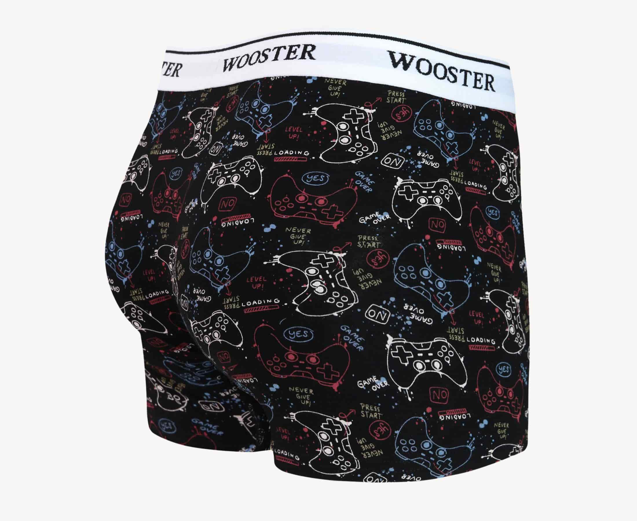 Back view of men’s 95% cotton black boxer brief with multicolor gaming console print, relaxed fit, vibrant colors, and smooth rear panel
