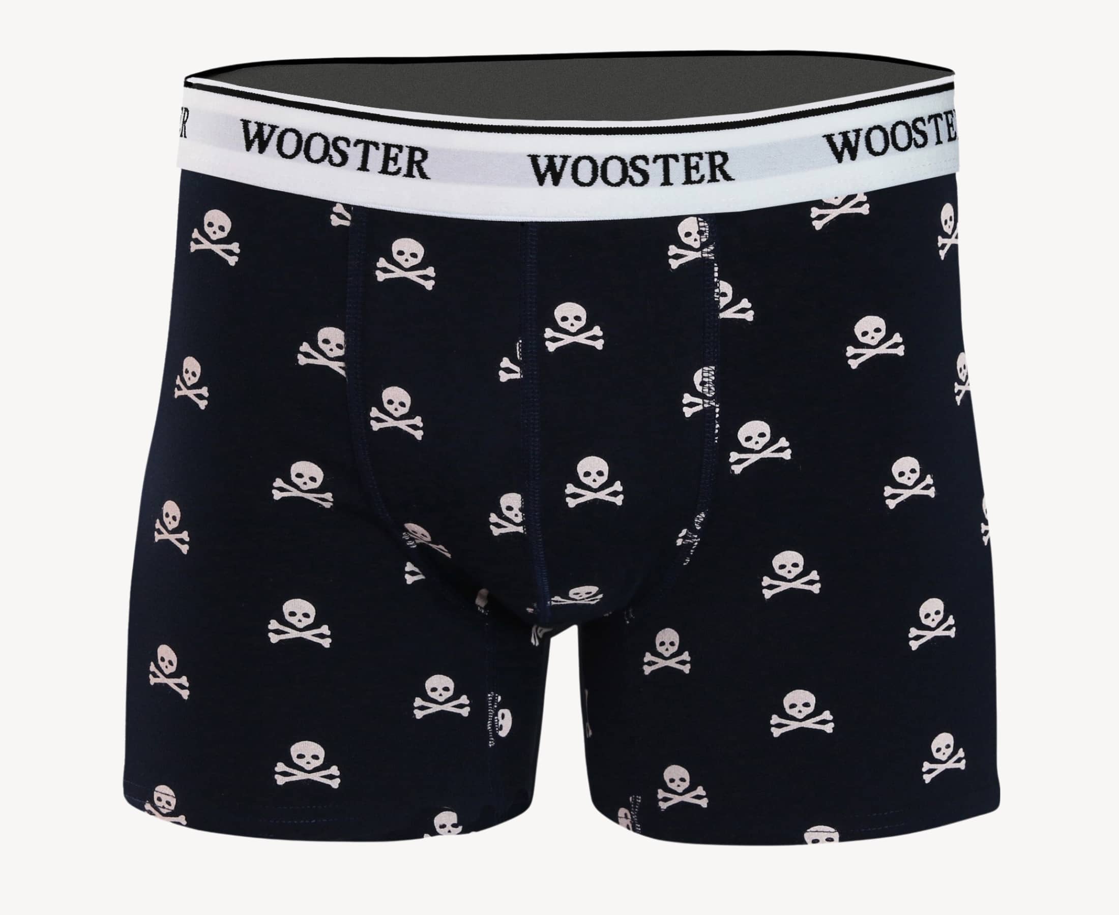 Front view of men’s 95% cotton navy boxer brief with light pink skull and bones print, relaxed fit, soft stretch cotton, and no-roll waistband