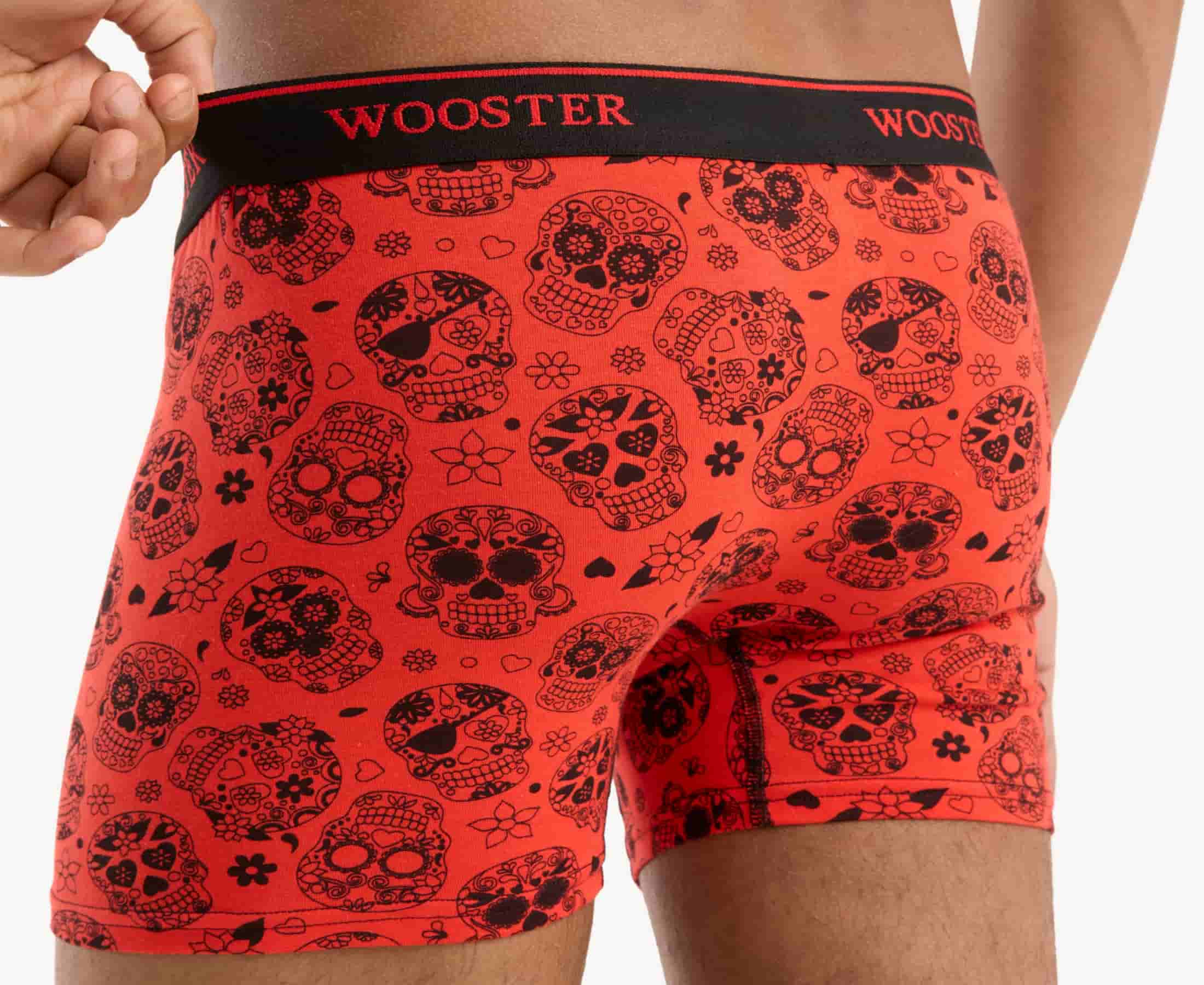 Close-up view of men’s 95% cotton crimson red boxer brief with black skulls in bloom print, showcasing waistband and soft stretch