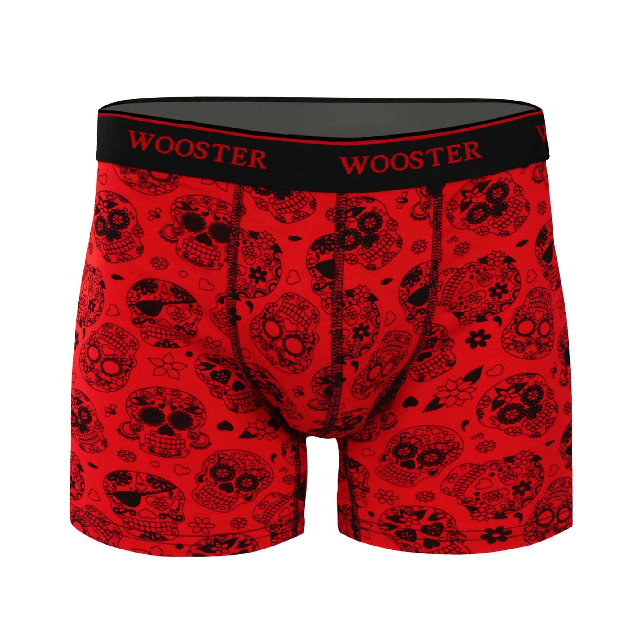 Front view of men’s 95% cotton crimson red boxer brief with black skulls in bloom print, relaxed fit, soft stretch cotton, and no-roll waistband