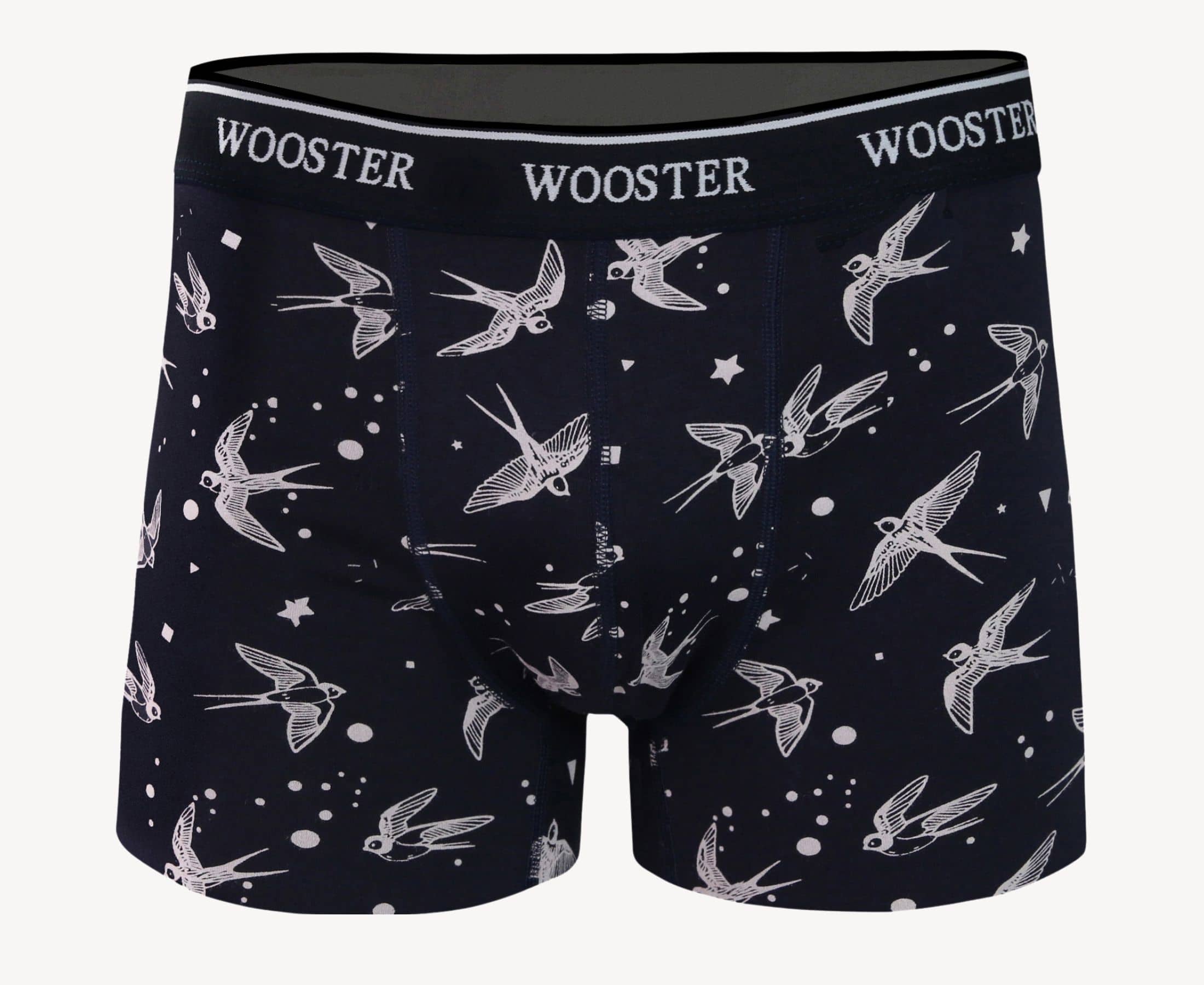 Front view of men’s 95% cotton navy boxer brief with light pink starling birds, stars, and moon print, relaxed fit, soft stretch cotton, and no-roll waistband