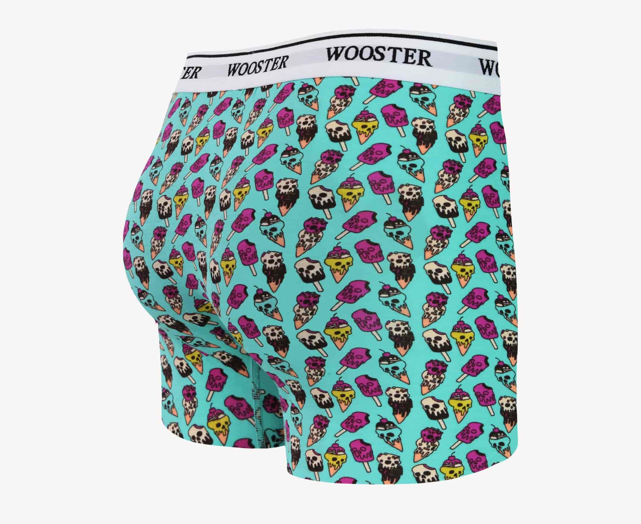 Back view of men’s 95% cotton boxer brief with multicolor ice cream cone skull print, relaxed fit, vibrant colors, and smooth rear panel