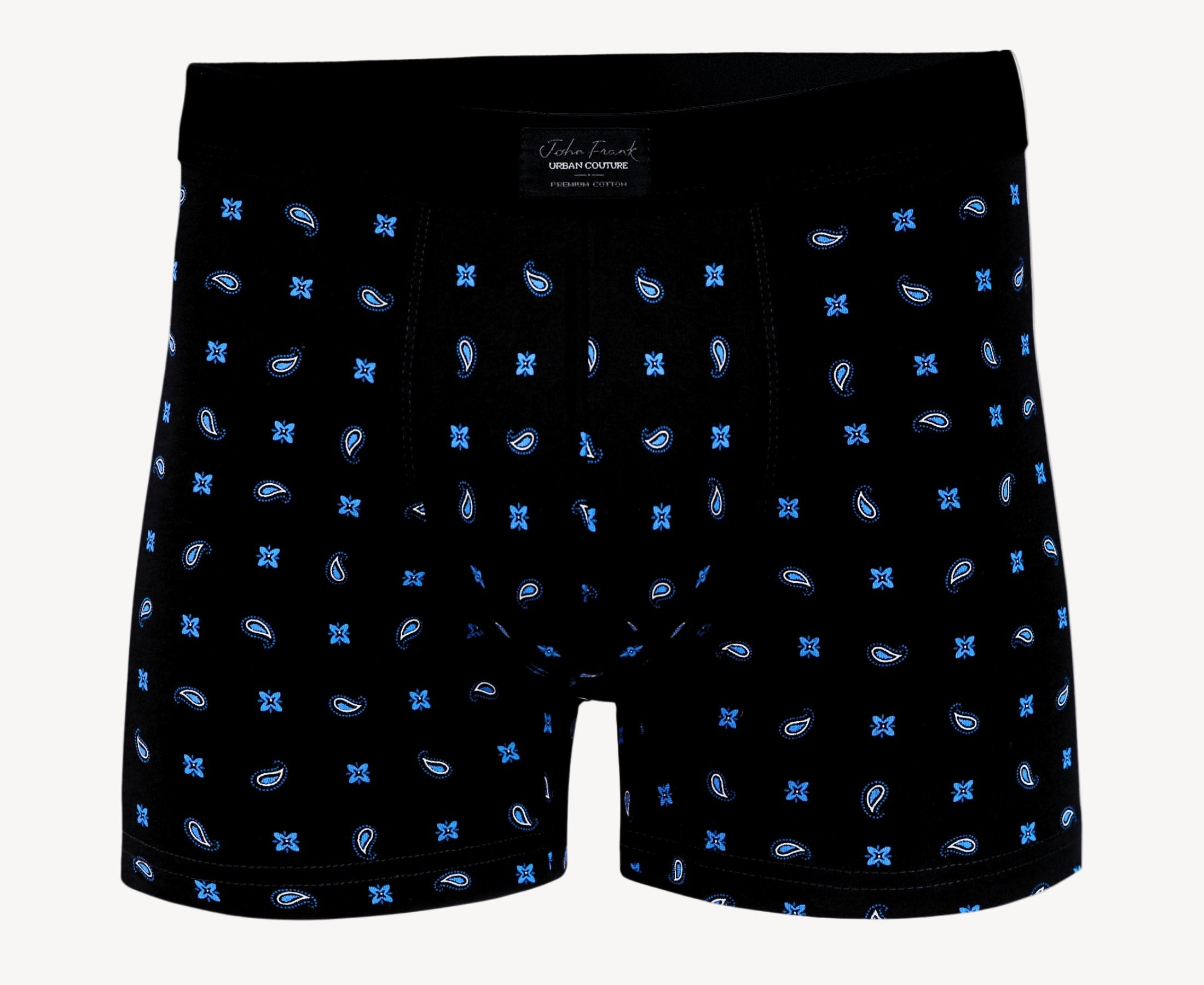 Front view of men’s 95% cotton boxer brief in black with alternating blue paisley and floral print, no-roll waistband, and soft stretch