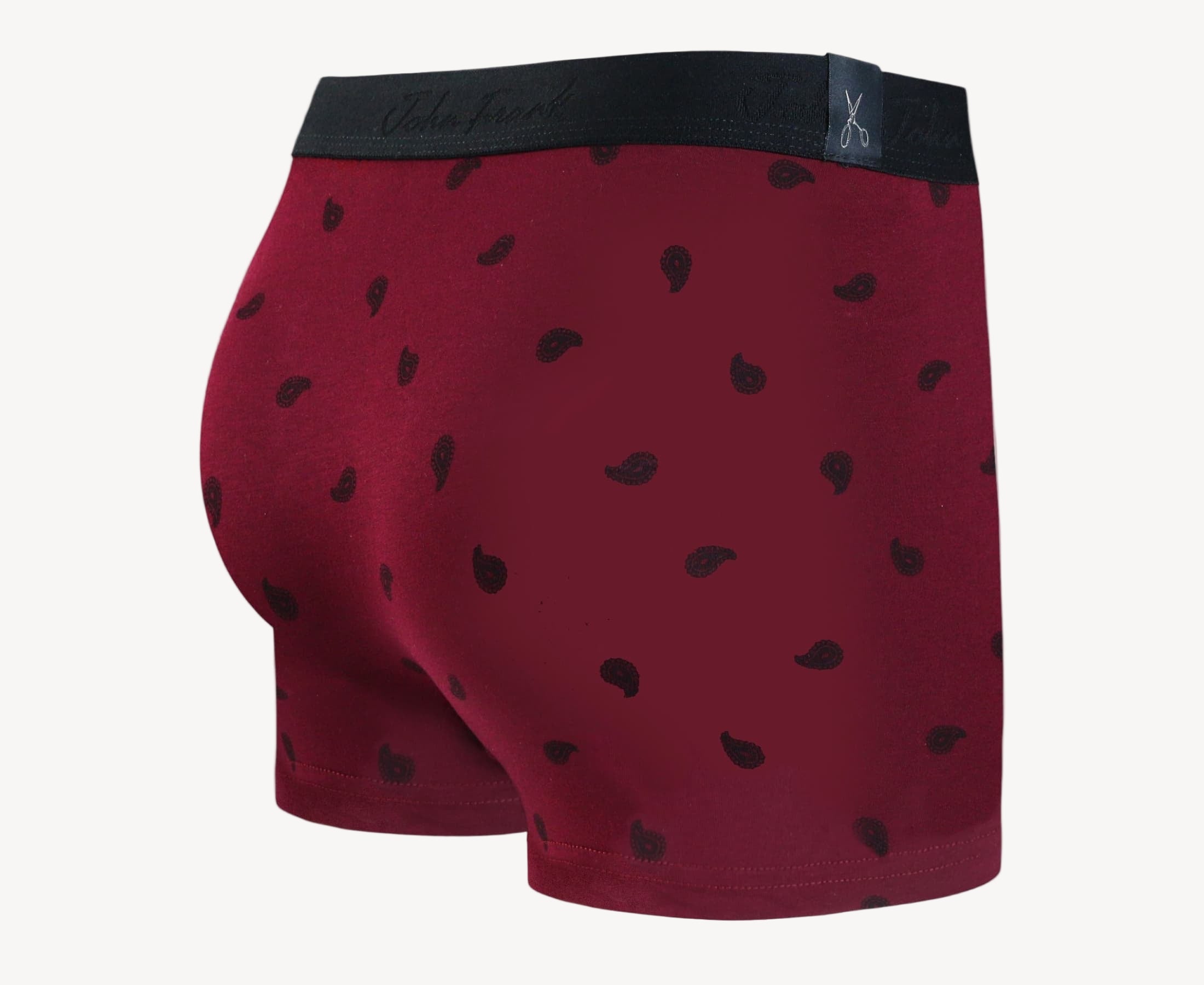 Back view of men’s 95% cotton boxer brief in burgundy with black paisley print, no-roll waistband, and clean rear detail