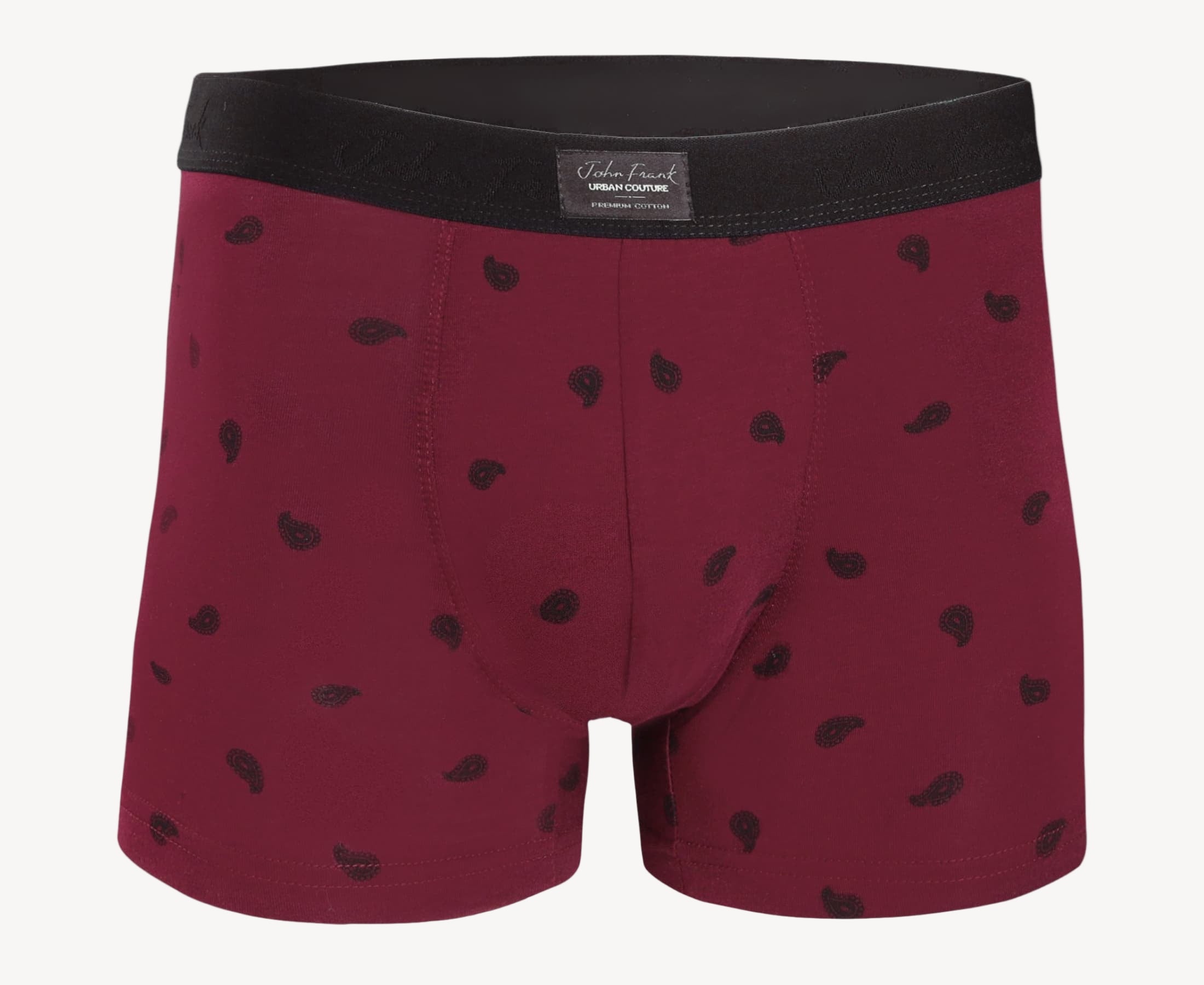 Front view of men’s 95% cotton boxer brief in burgundy with black paisley print, no-roll waistband, and soft stretch