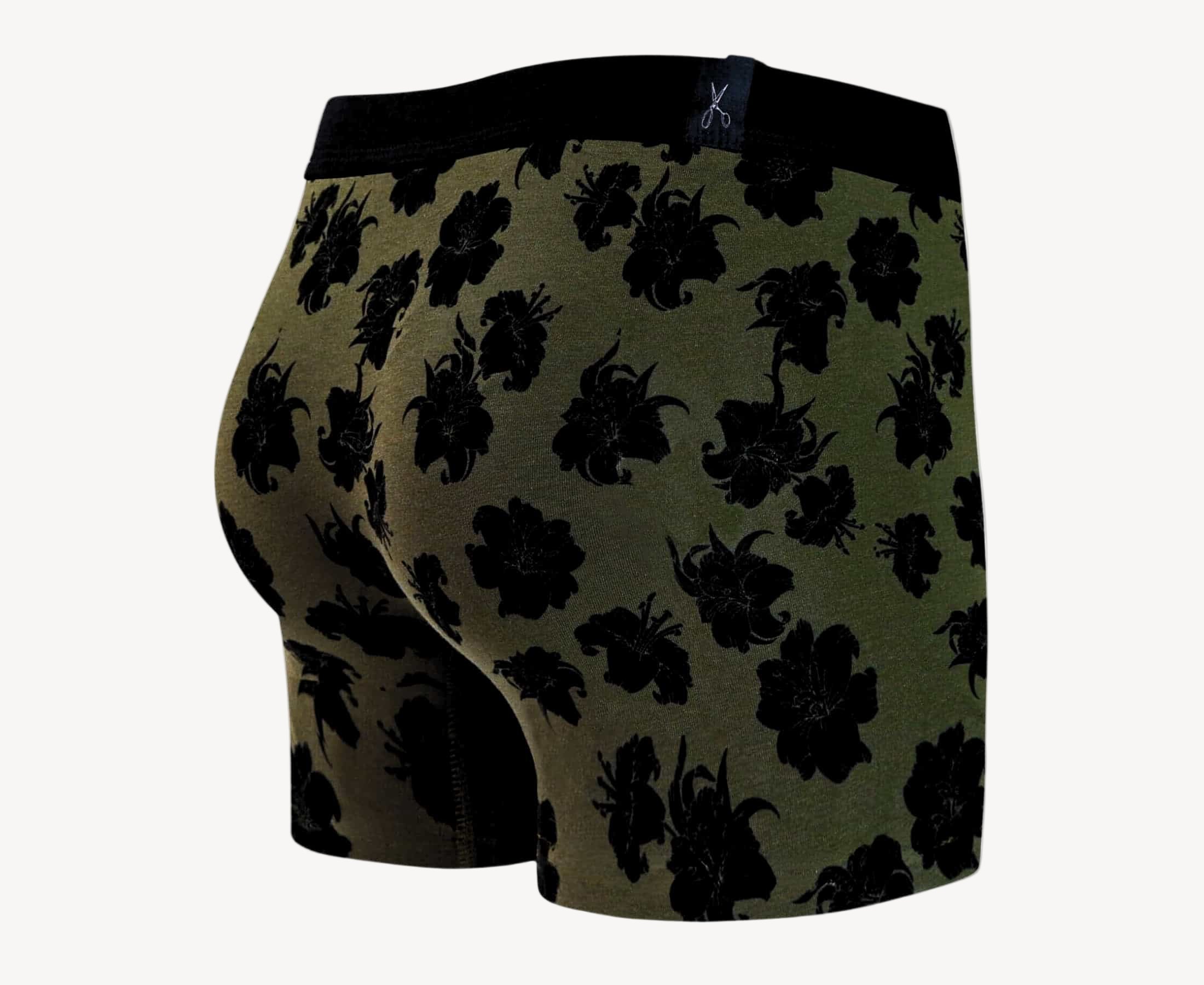Back view of men’s 95% cotton boxer brief in olive with black hibiscus print, no-roll waistband, and clean rear detail