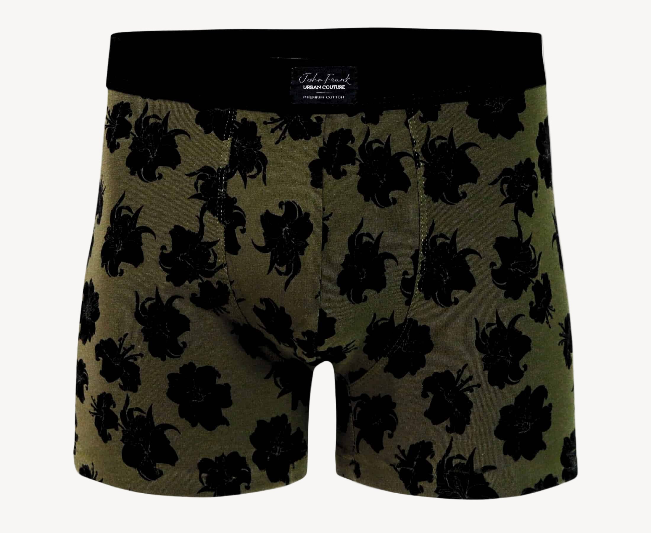 Front view of men’s 95% cotton boxer brief in olive with black hibiscus print, no-roll waistband, and soft stretch