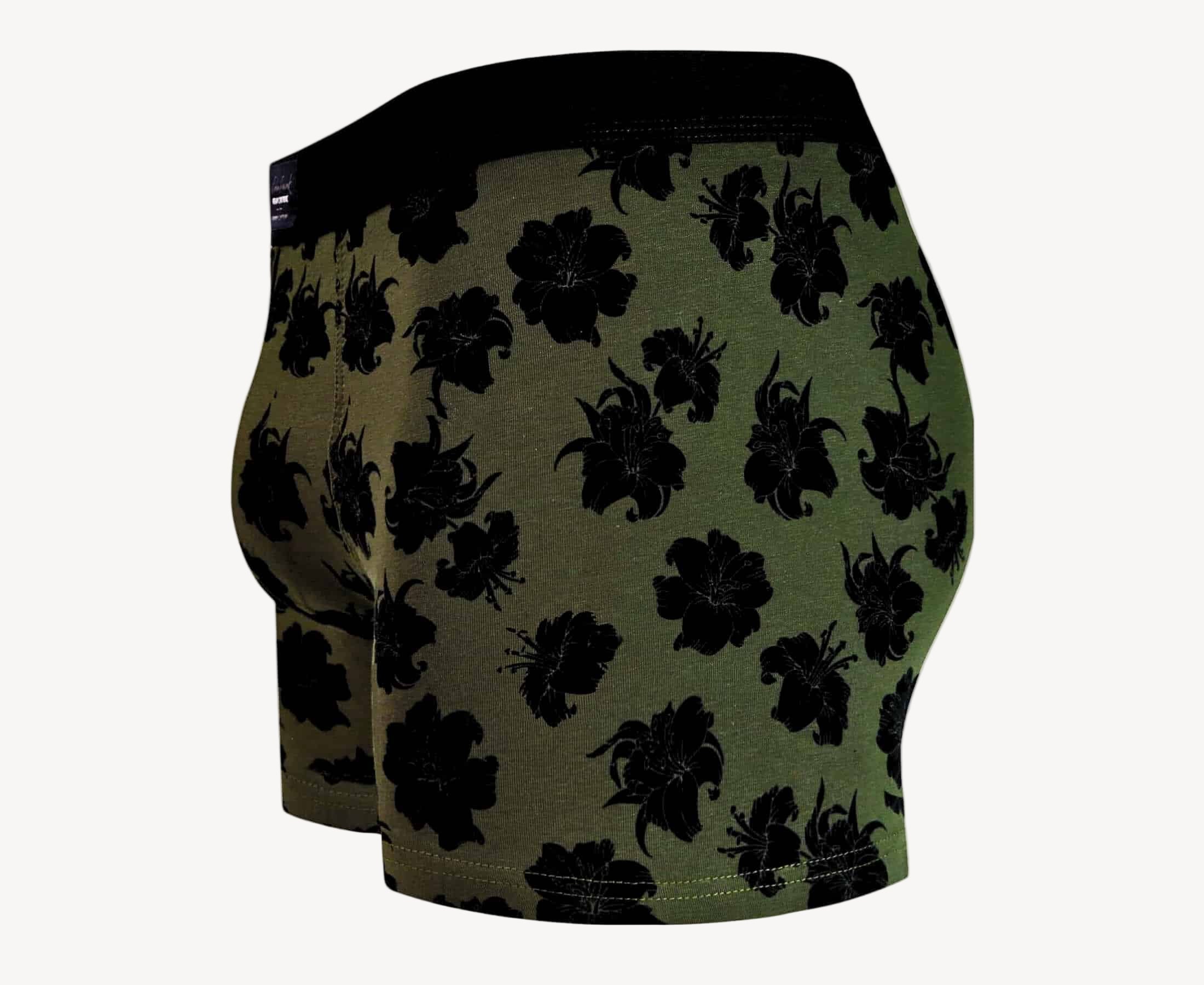 Side view of men’s 95% cotton boxer brief in olive with black hibiscus print, contoured pouch, and tailored leg cut