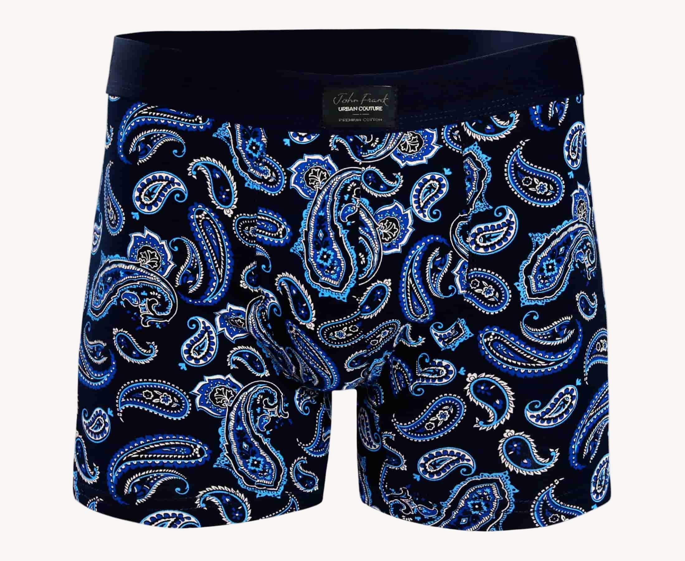 Front view of men’s 95% cotton boxer brief in navy with sax blue paisley print, no-roll waistband, and soft stretch
