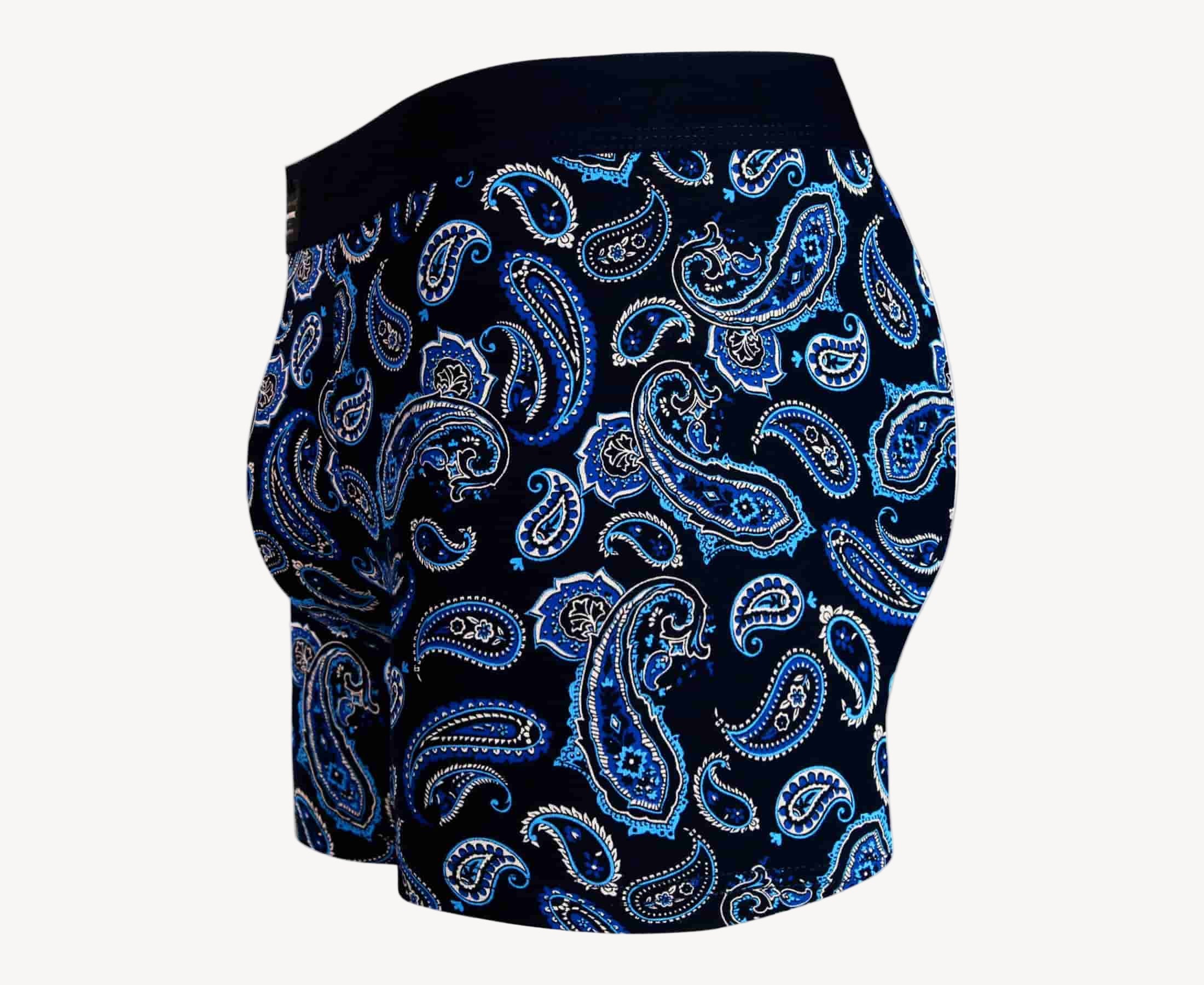 Side view of men’s 95% cotton boxer brief in navy with sax blue paisley print, contoured pouch, and tailored leg cut