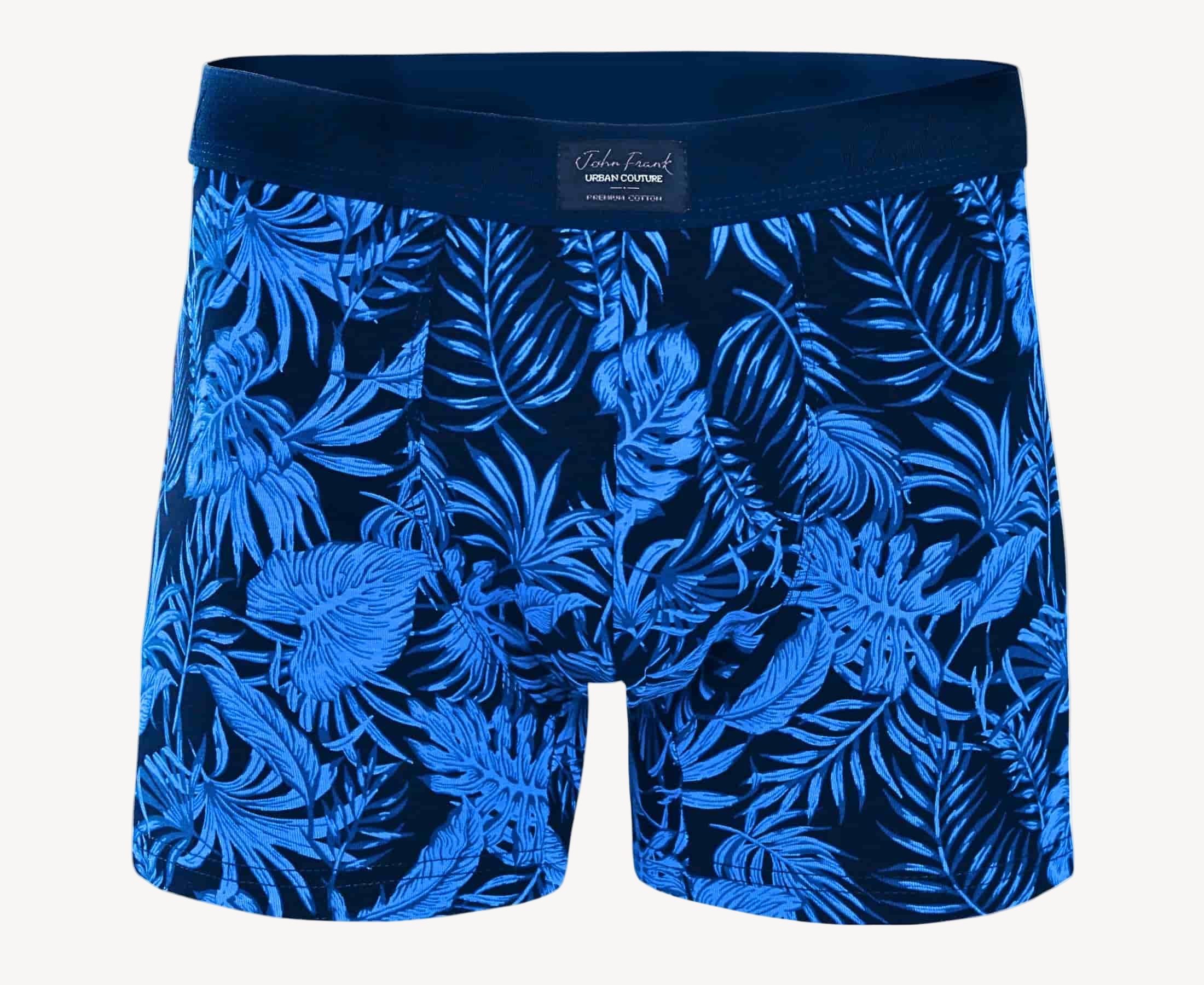Front view of men’s 95% cotton boxer brief in navy with bright blue palm print, no-roll waistband, and soft stretch