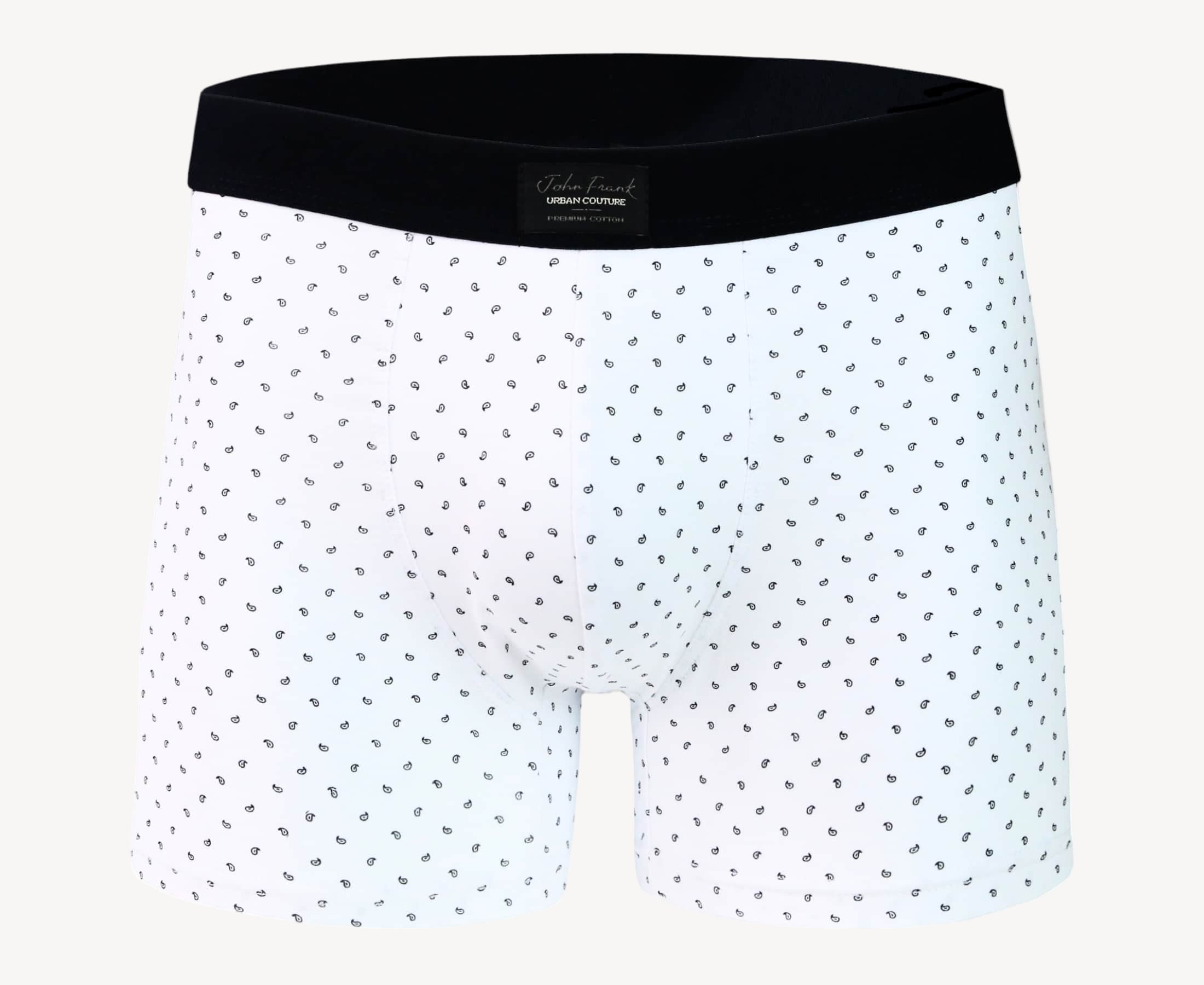 Front view of men’s 95% cotton boxer brief in white with black paisley print, no-roll waistband, and soft stretch
