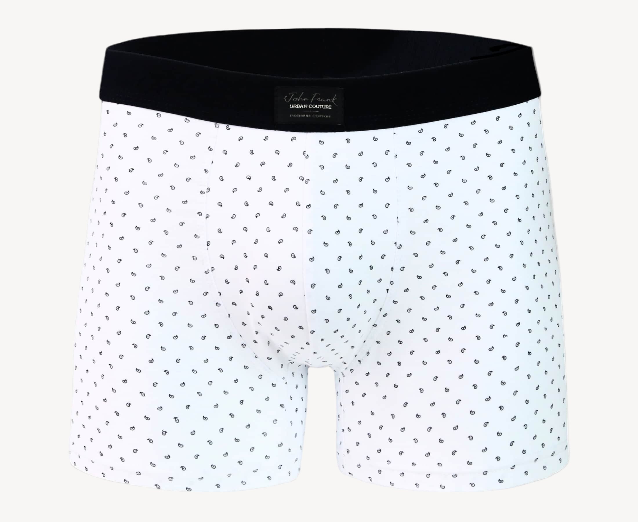 Front view of men’s 95% cotton boxer brief in white with black paisley print, no-roll waistband, and soft stretch