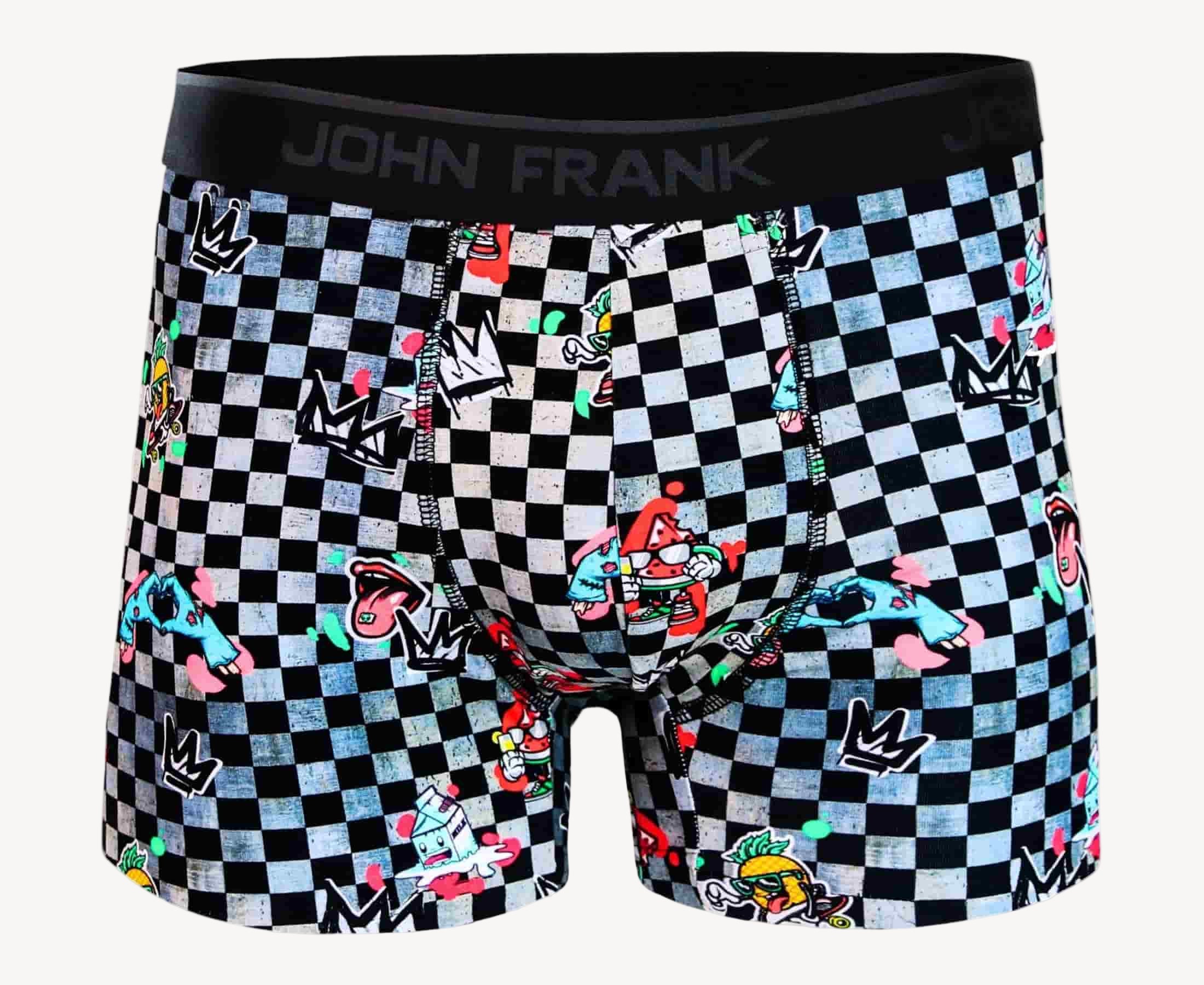 Front view of men’s 95% cotton boxer brief in checkered surrealist print with smooth waistband and soft stretch fit