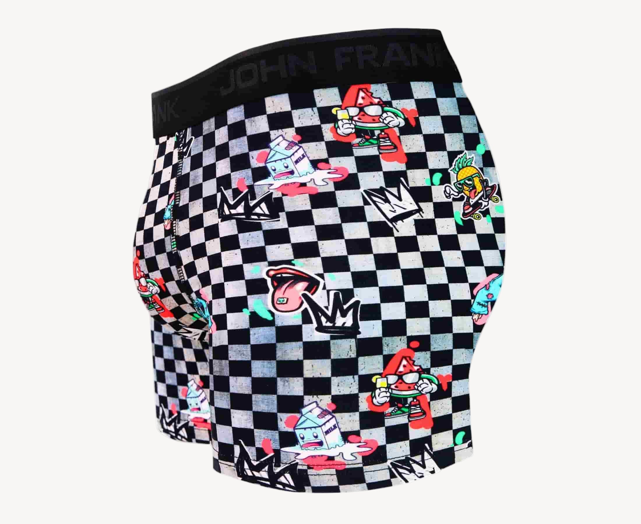 Side view of men’s 95% cotton boxer brief in checkered surrealist print with contoured pouch and tailored leg cut