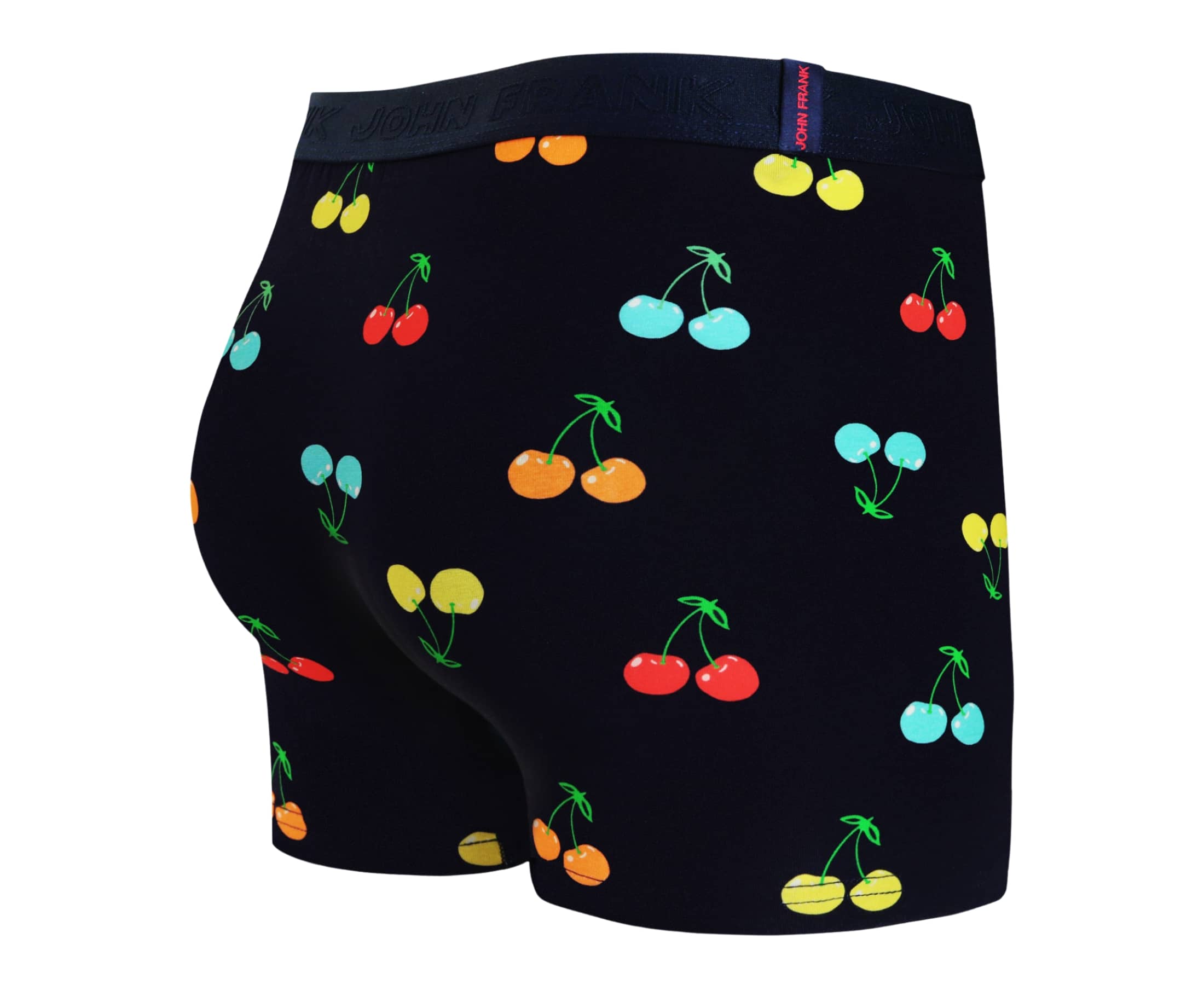 Back view of men’s 95% cotton boxer brief in navy with multicolor cherry print, smooth waistband, and rear detail