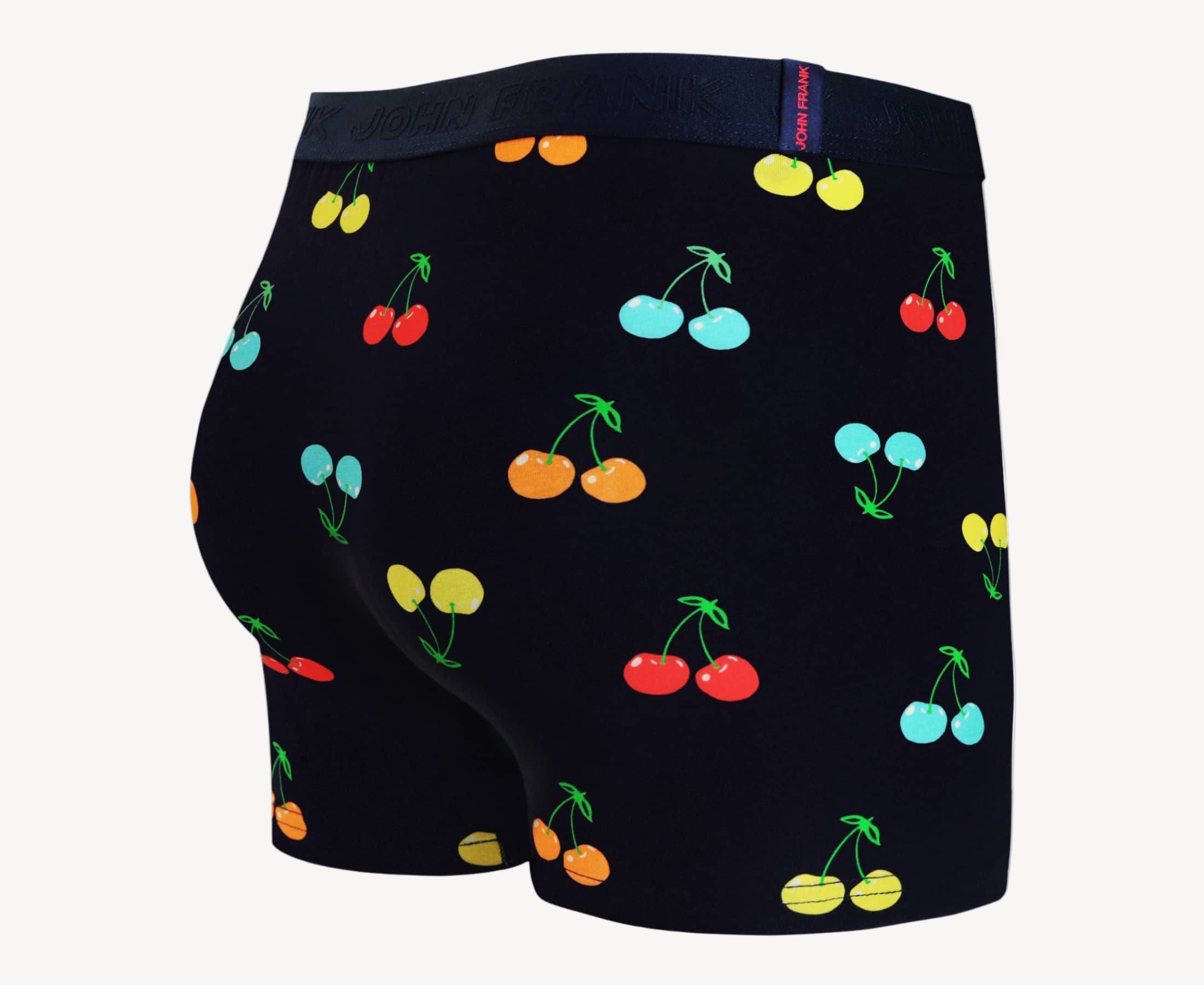 Back view of men’s 95% cotton boxer brief in navy with multicolor cherry print, smooth waistband, and rear detail