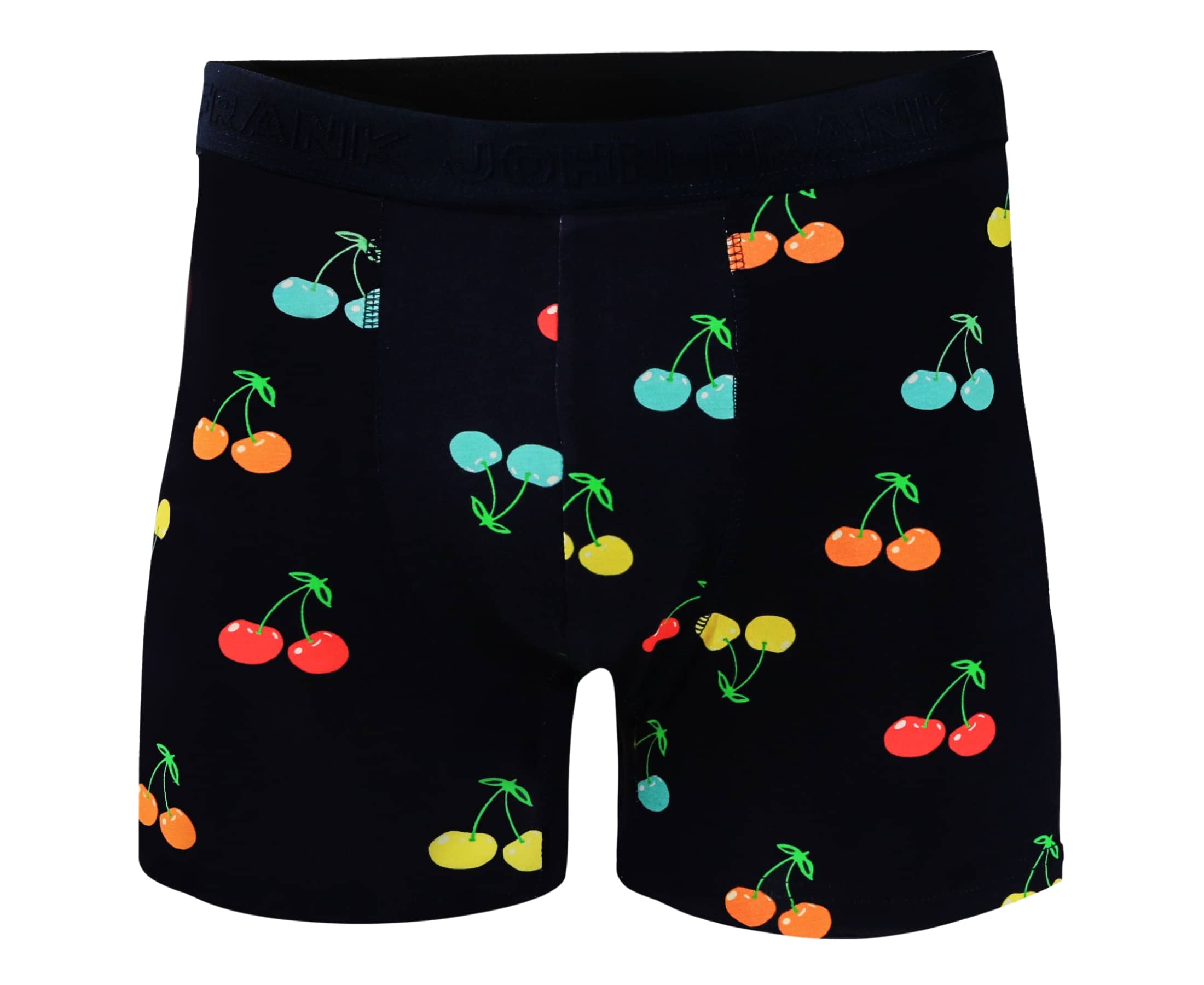 Front view of men’s 95% cotton boxer brief in navy with multicolor cherry print, soft stretch, and no-roll waistband