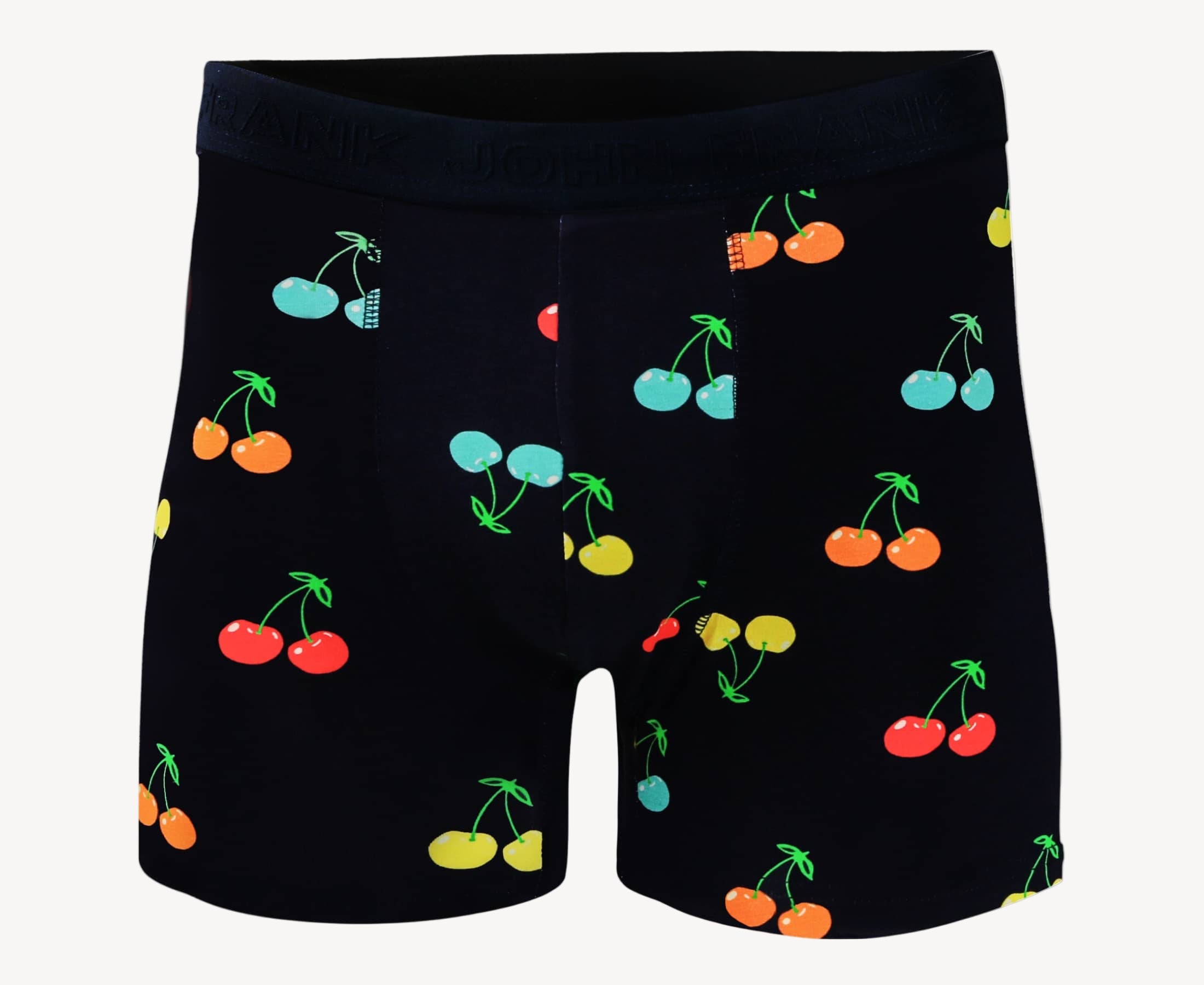 Front view of men’s 95% cotton boxer brief in navy with multicolor cherry print, soft stretch, and no-roll waistband