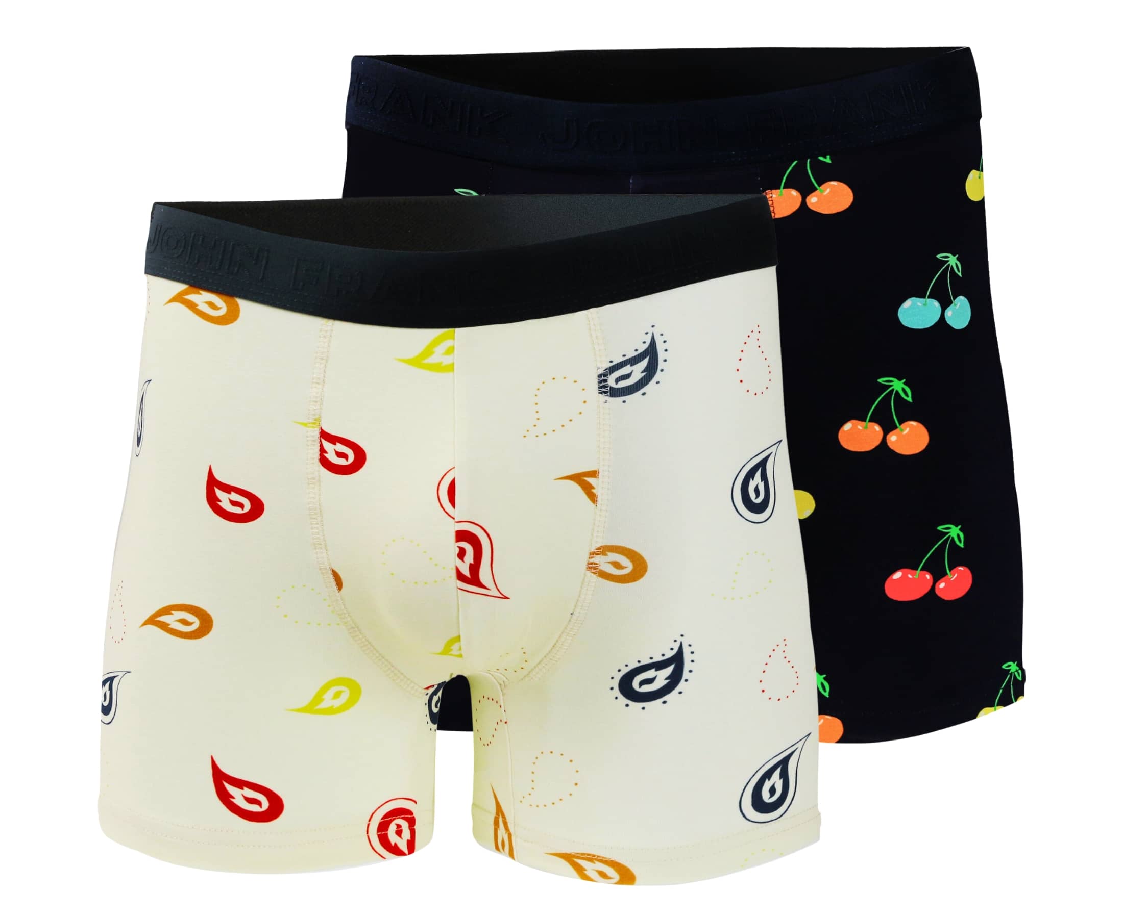 Full pack view of men’s 95% cotton boxer brief 2-pack — one cream with colorful paisley print, one navy with multicolor cherry print