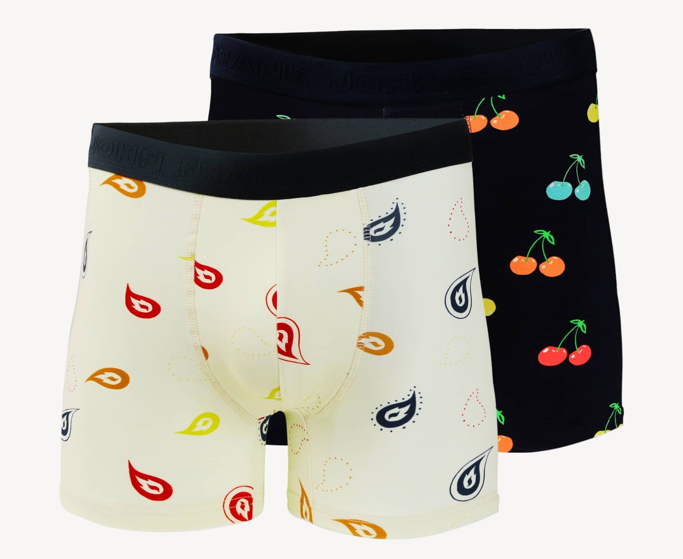 Full pack view of men’s 95% cotton boxer brief 2-pack — one cream with colorful paisley print, one navy with multicolor cherry print