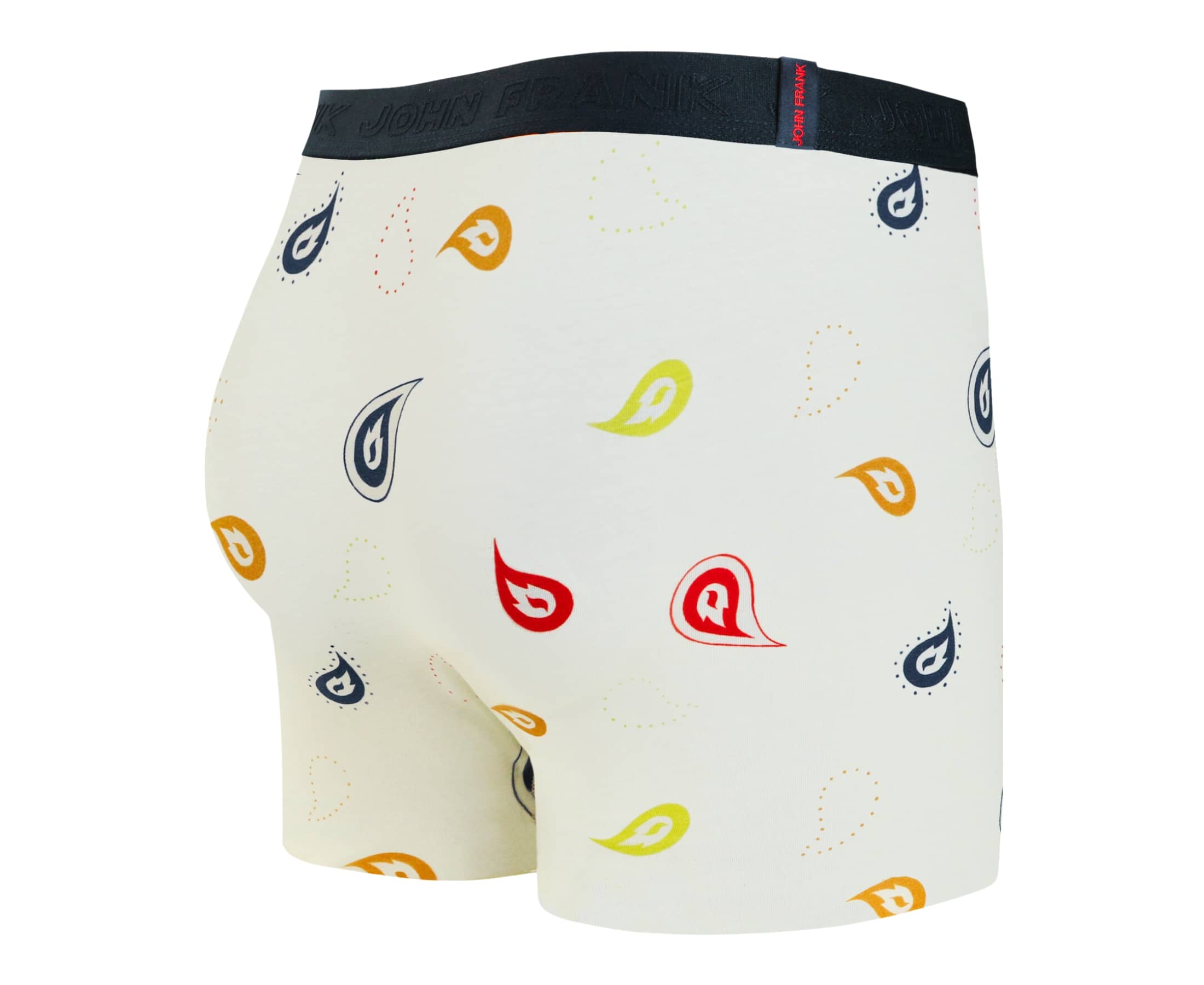 Back view of men’s 95% cotton boxer brief in cream with colorful paisley print, smooth waistband, and rear detail