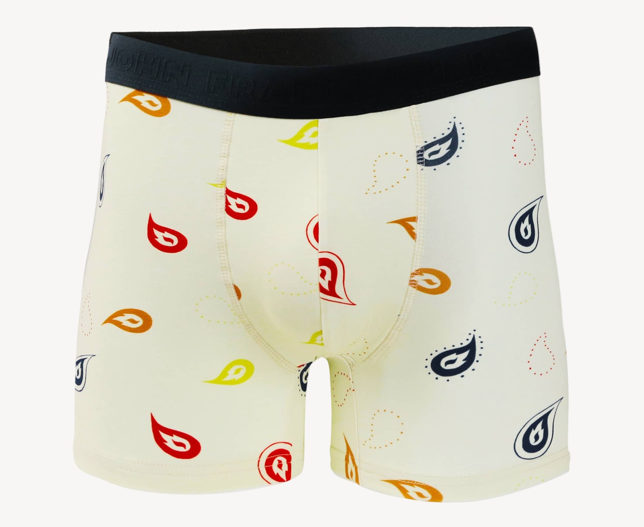 Front view of men’s 95% cotton boxer brief in cream with colorful paisley print, soft stretch, and no-roll waistband