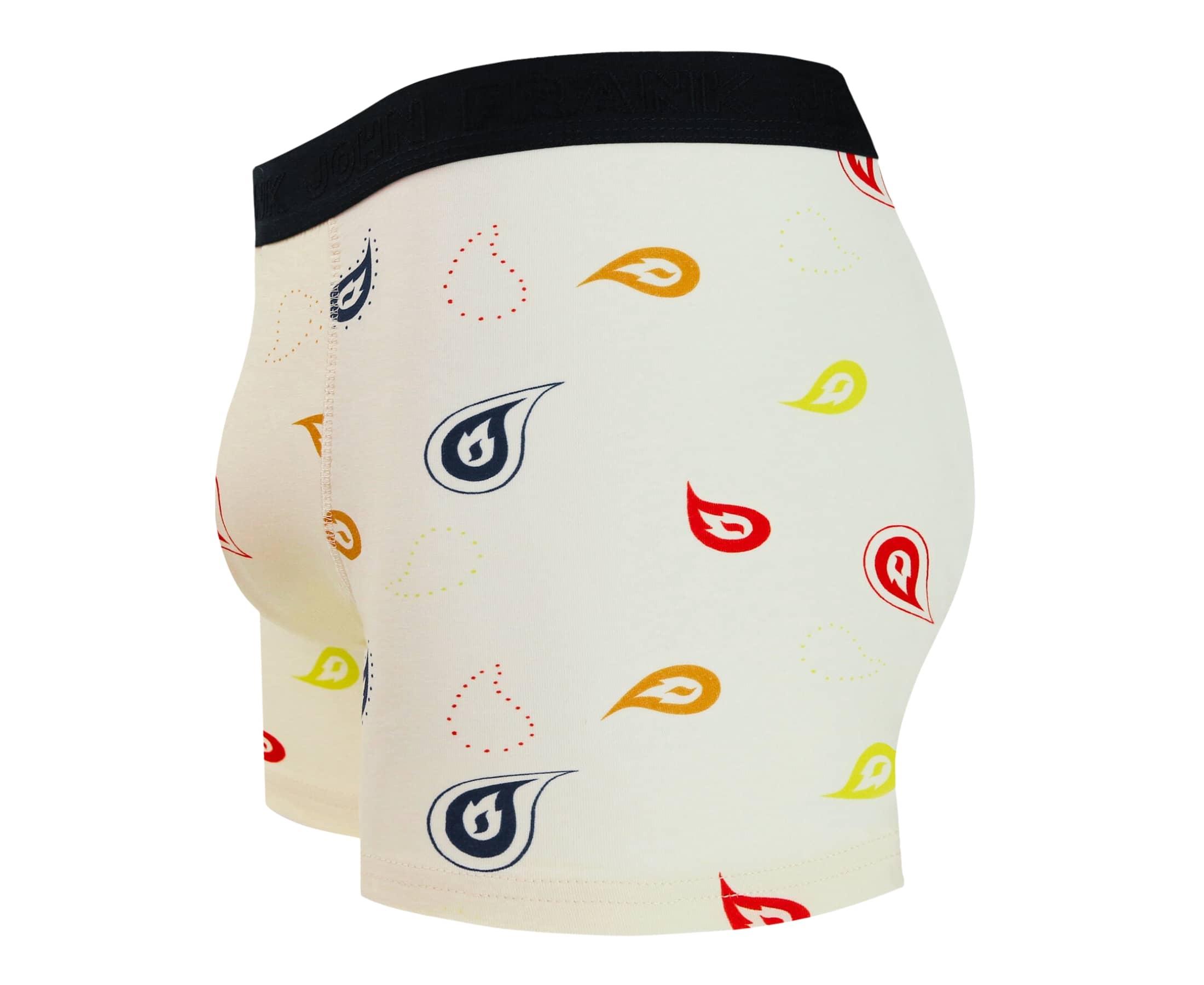 Side view of men’s 95% cotton boxer brief in cream with colorful paisley print, contoured pouch, and tailored leg cut