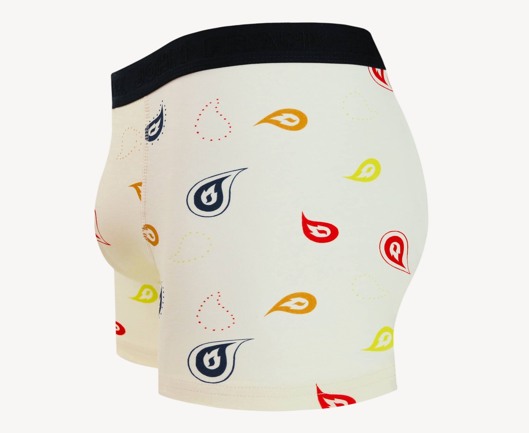 Side view of men’s 95% cotton boxer brief in cream with colorful paisley print, contoured pouch, and tailored leg cut
