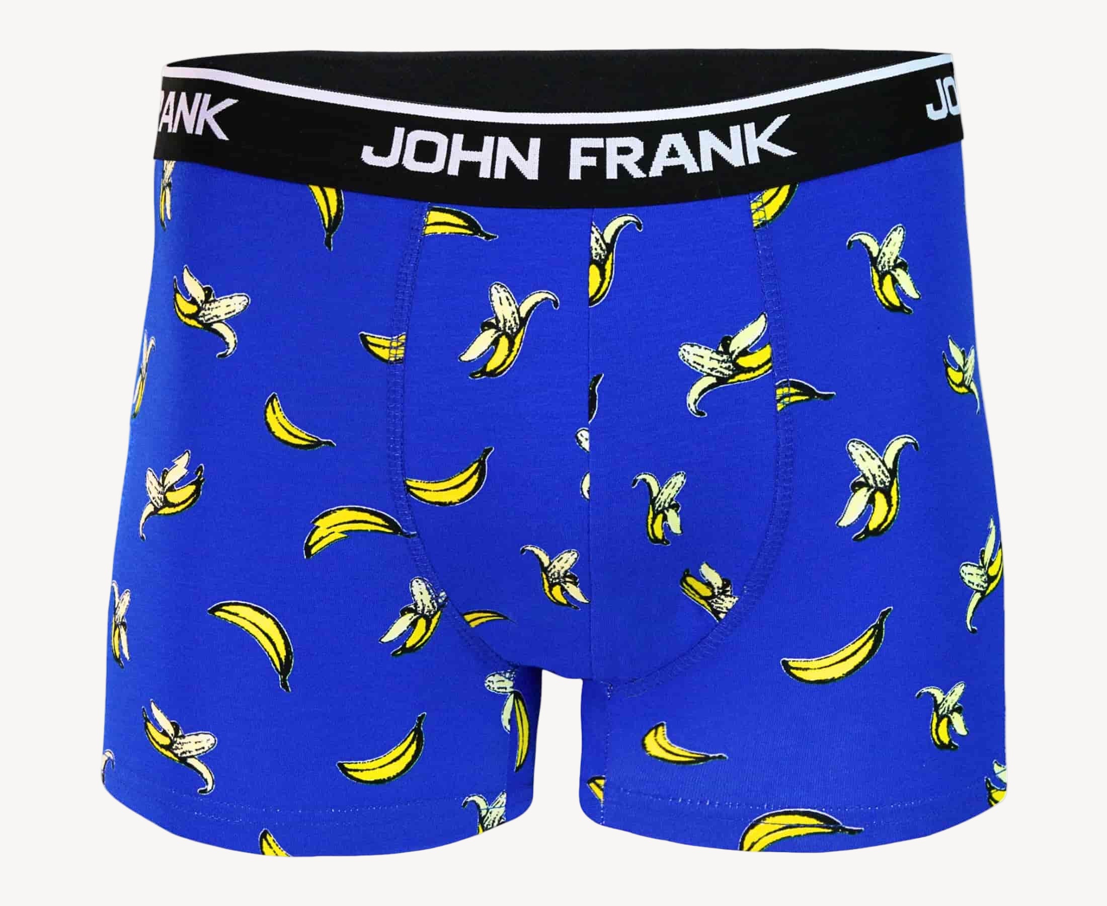 Front view of men’s 95% cotton boxer brief in sapphire blue with banana print, smooth waistband, and soft stretch fit