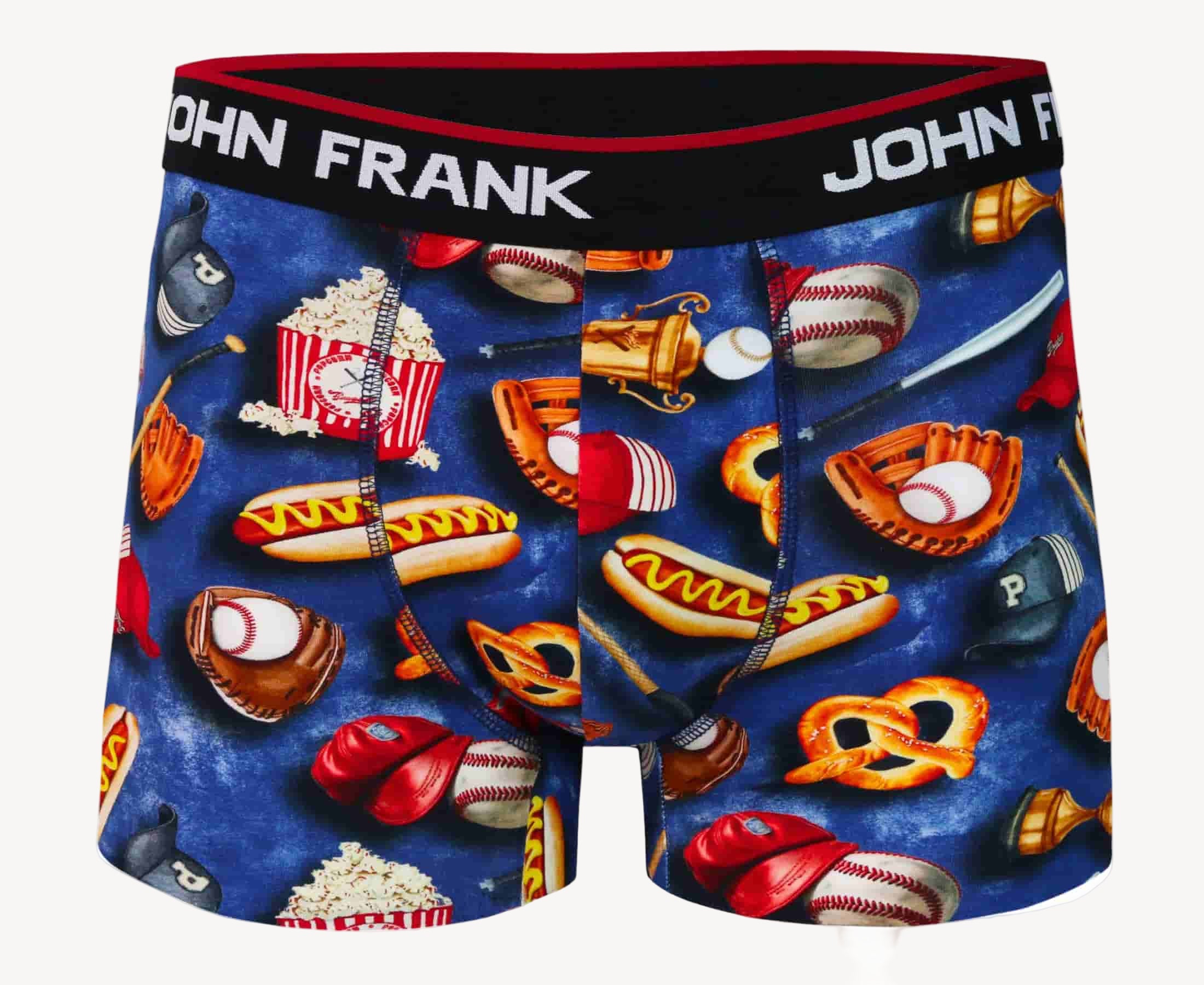 Front view of men’s 95% cotton boxer brief in baseball-inspired print with soft stretch and no-roll waistband